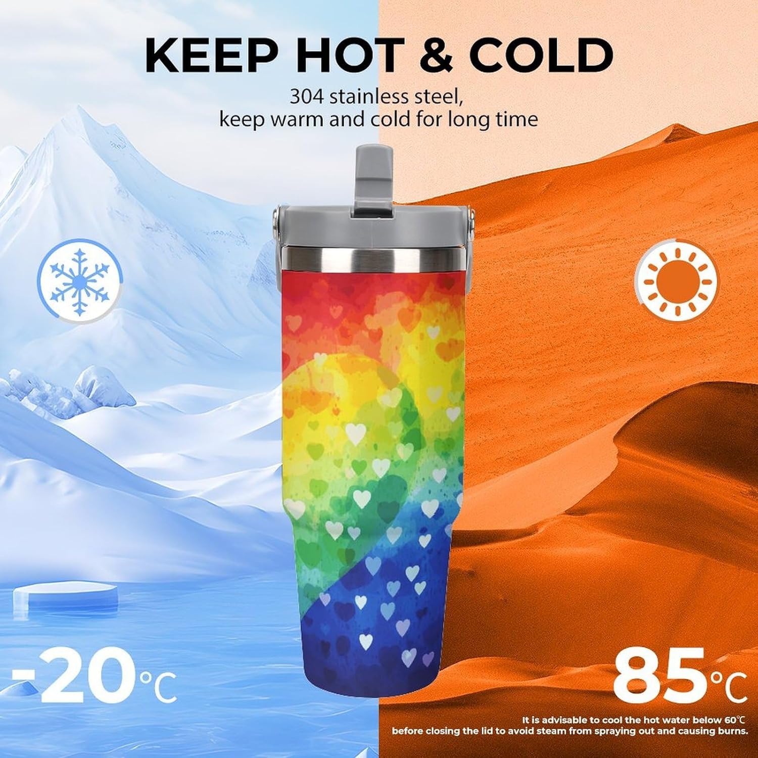 Colorful Rainbow Love Heart Water Bottle 30 Oz Fits Car Cup Holder,Insulated Coffee Mug Large Capacity Car Cups,Stainless Steel Double Wall Sport Bottle for Travel Sports Gym