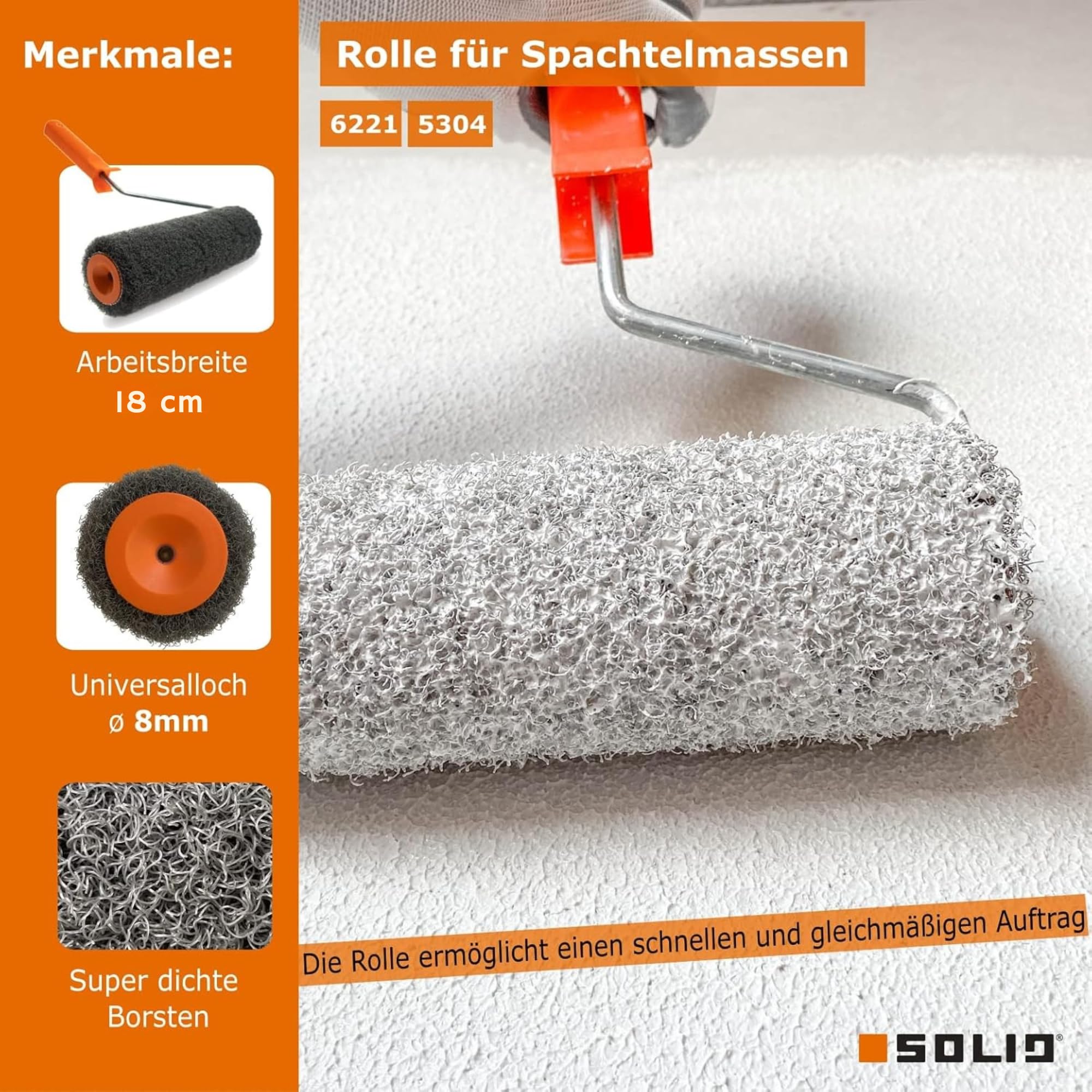 SOLID PROFI SET - Flächenspachtel edelstahl mit aluminium teleskopstange und stielaufnahme für spachtel - Reibebrett Kunststoff mit Schwammgummi und Rollspachtel - MADE IN EU (65 cm)