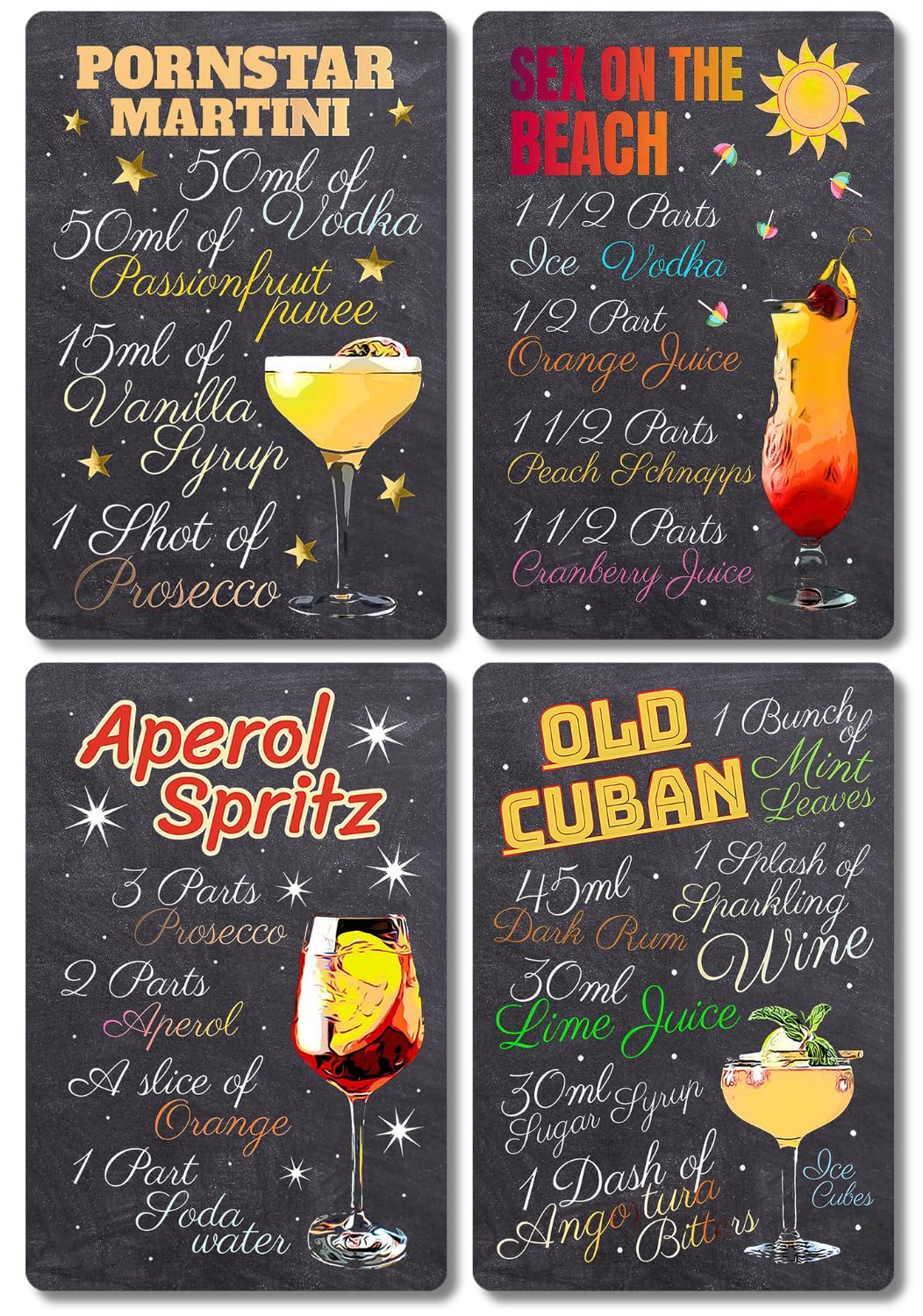 Cocktail Bar Signs - Set of 4 Classic Recipes for Drinks, Kitchen Plaques, Bar Décor, Pub, Club Bartender - Indoor/Outdoor - 20cm x 30cm