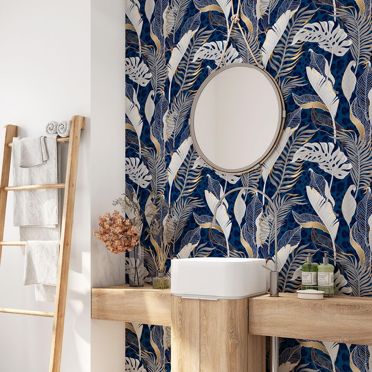 Adesivo adesivo per bagno, motivo foglie tropicali 3617689813325, adesivo + protezione opaca, 90 x 90 cm