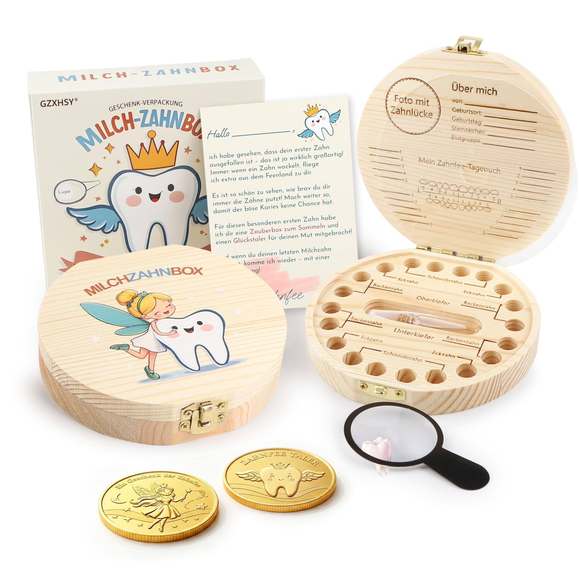 Gzxhsy Milchzahndose mit bunten Motiven für Jungen und Mädchen | Zahnfee Geschenk set mit 2 Münzen, Lupe & Brief | zahnbox für Milchzähne (A-rund - Zahnfee)