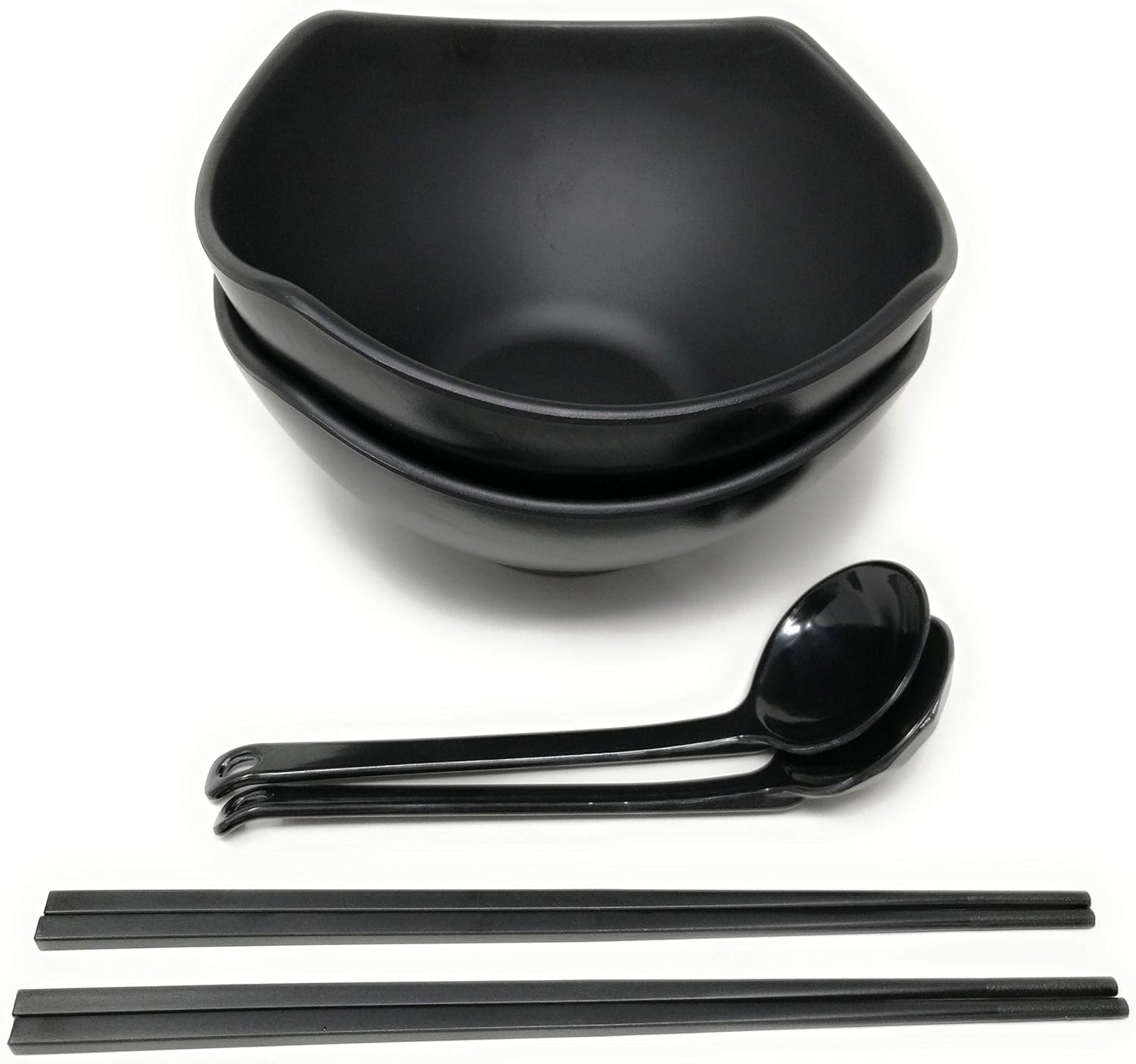 TJ Global 56 Ounce Large Melamine Japanese Ramen Noodle Soup Bowl Set Hard Plastic Dishware for Udon Soba Pho Asian Noodles - 8.27" x 4.72", Comes with chopsticks and spoons (2 Sets)