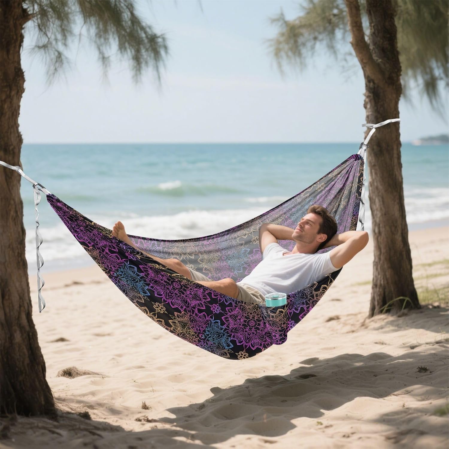 ALAZA Rainbow Mandala Flower Bohemian Camping Hammocks Single or 2 Person 500 lbs Portable Parachute Travel Hammock w/Tree Straps for Hiking Backpacking Indoor Outdoor