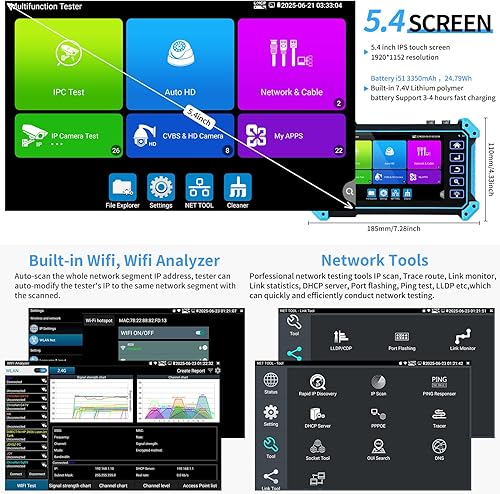 Miniatura 14 de Rsrteng Probador de cámara IP con trazador de cables, IPC-5200C Plus 8MP AHD CVI TVI SDI CVBS Prueba de cámara IP 4K HD Monitor de video 5 pulgadas