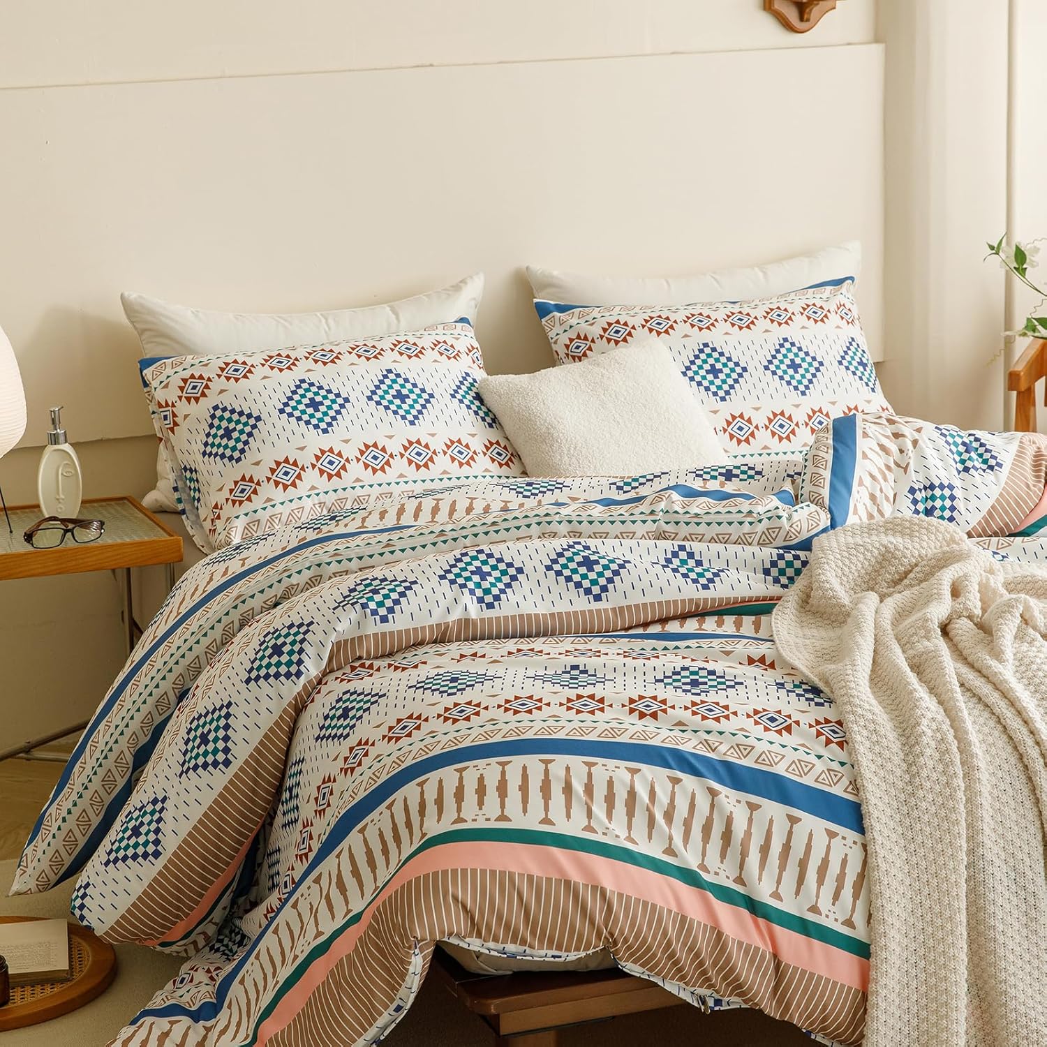CLOTHKNOW Aztec Bohemian Comforter Set Queen White Blue Bedding Comforter Sets Boho Comforter American Tribal Navajo Queen Size Comforter Sets