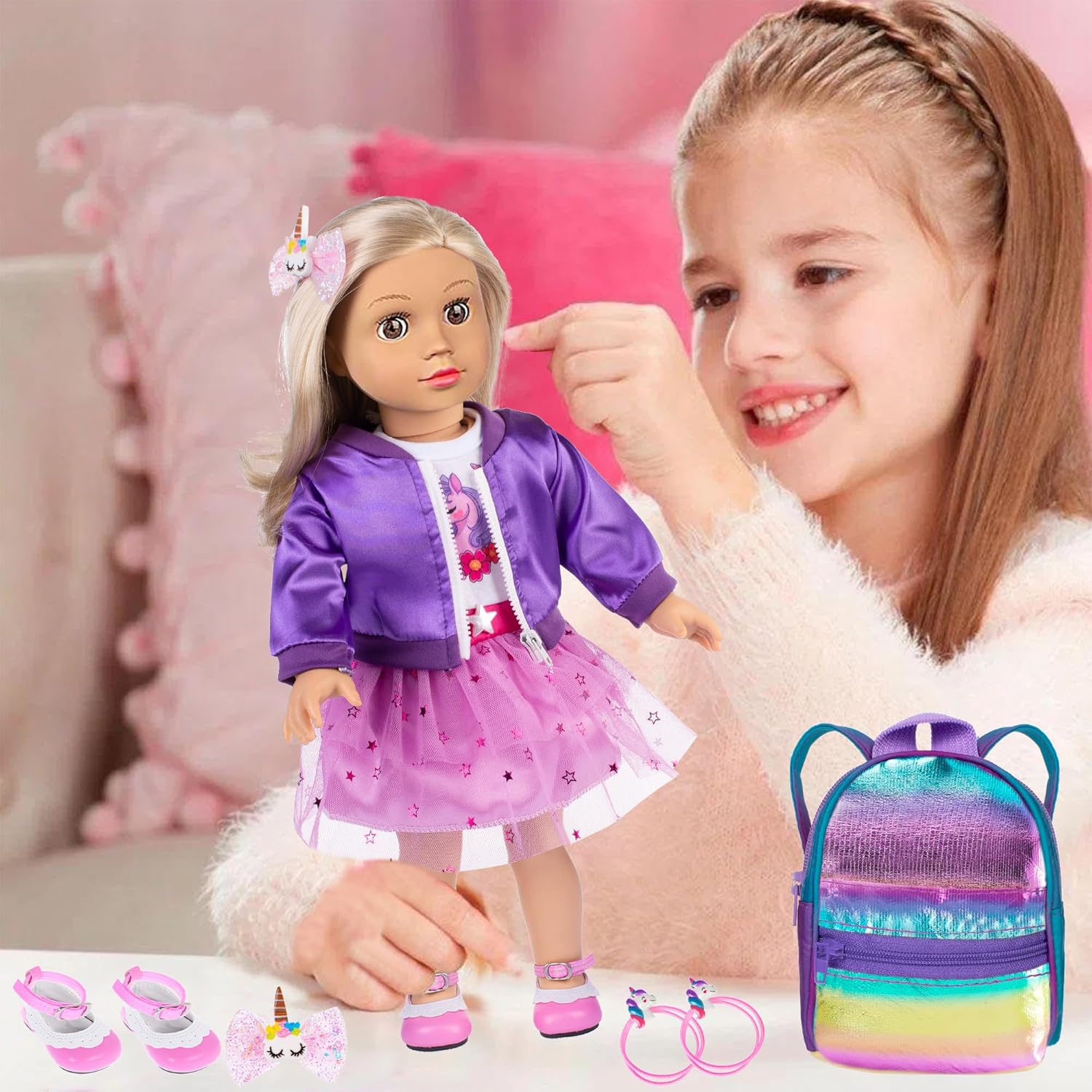 ebuddy 18 Inch Doll Clothes and Travel Accessories Set - Unicorn Themed Play Set for 18" Dolls, Includes Jacket, Skirt, Suitcase, Backpack & More (Doll Not Included)