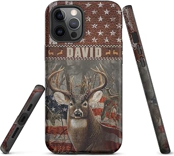 Personalized Deer American Flag Leather Pettern 1 Huting Phone Case Custom Name Hunter Gifts for Dad Protective Cover with Clear Case Tough Case For iPhone 15 14 12 13 11 X XR XS Promax Plus