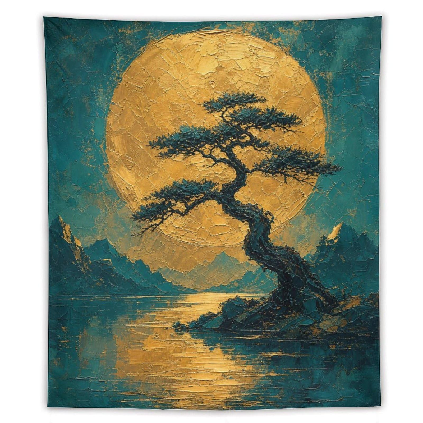 W7C8U2X3 Golden Moon Pine Landscape Wall Tapestry, Ukiyo-e, Sofa Area