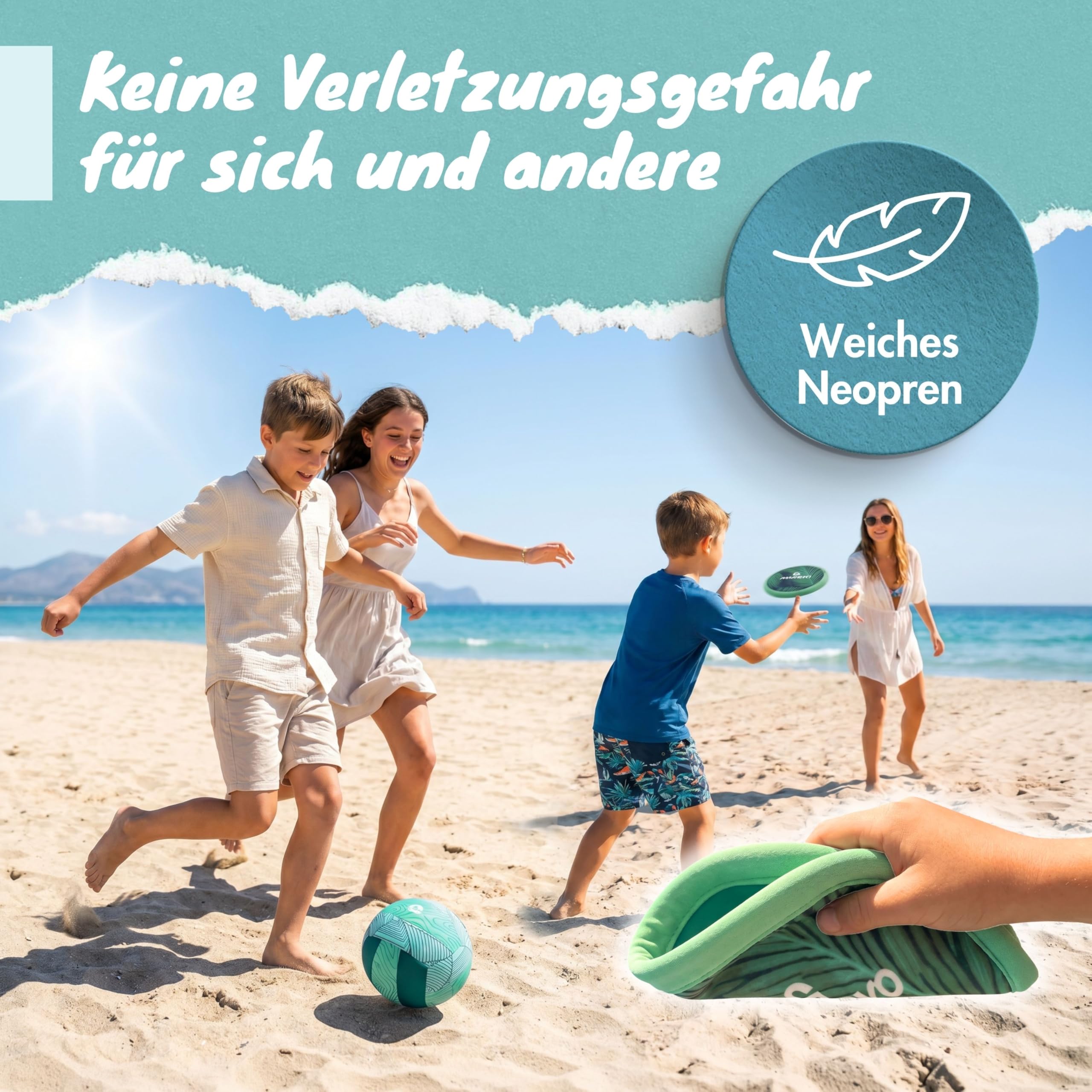 BeachBuddy Set Juguetes Agua Neopreno, 5 Piezas | Con 3 pelotas de agua, frisbee y bomba, suave y ligero para playa, piscina y jardín