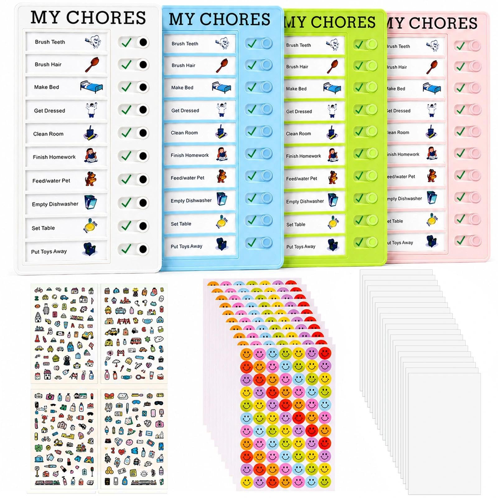 4 Pcs Chore Chart Visual Timetable, Reusable Daily Checklist Board, Blank Cards, Smiley Stickers and Cartoon Stickers for Home, School, Office