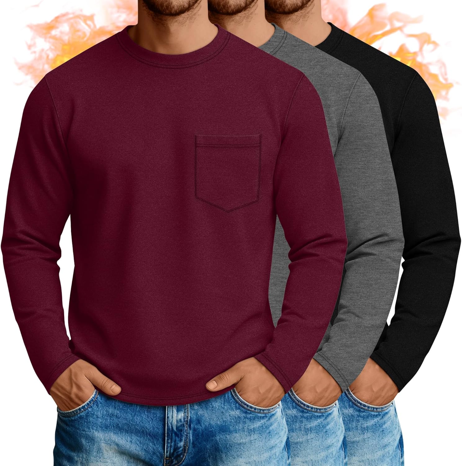 Neer 3 Pack Men's Big and Tall Thermal Shirt Fleece Lined Loose Fit Underwear Tops Casual Crew Neck Lightweight Base Layer