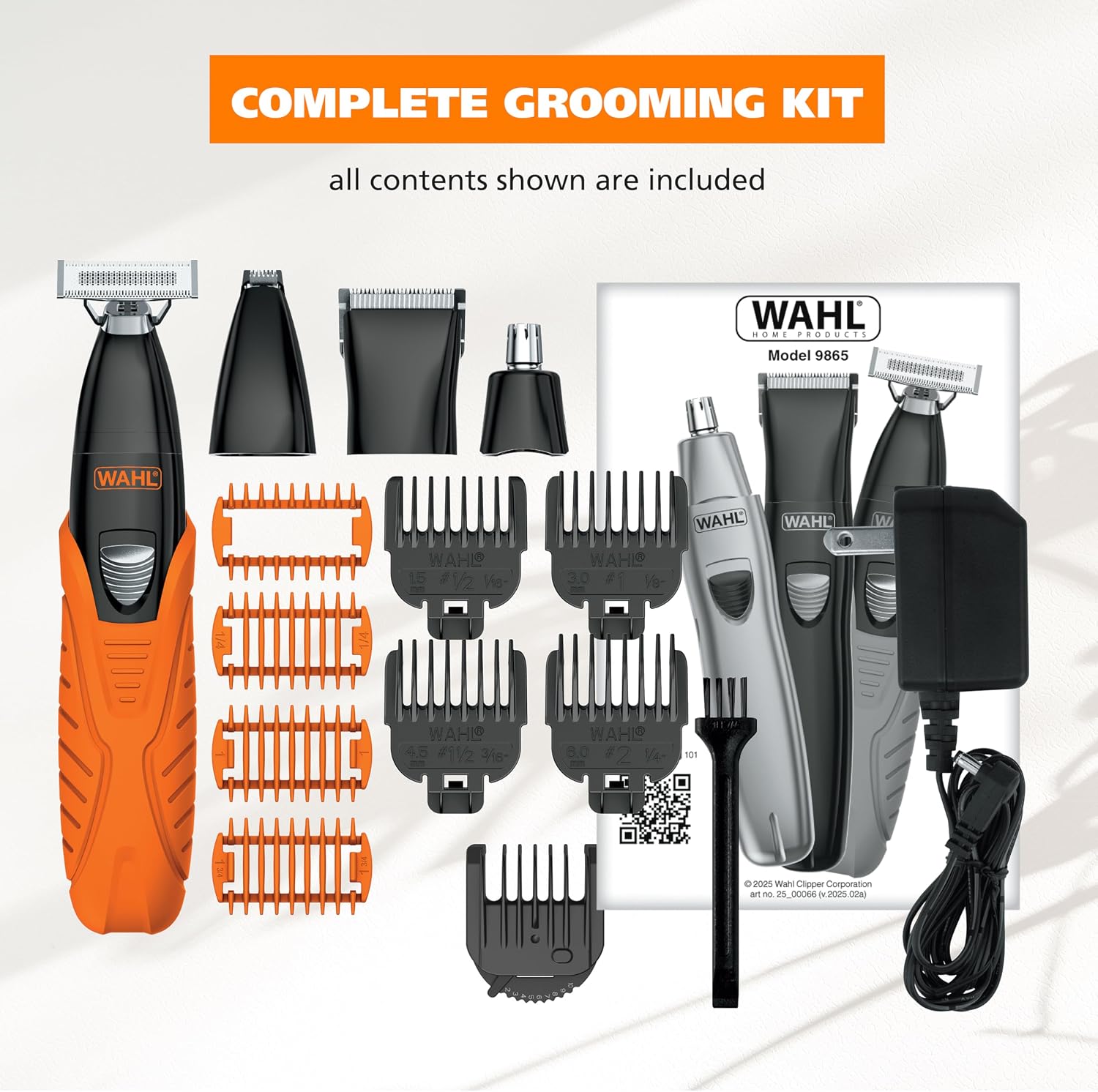 All components of the Wahl TrimNinja grooming kit laid out, including the main unit, various heads, guide combs, charger, and cleaning brush.