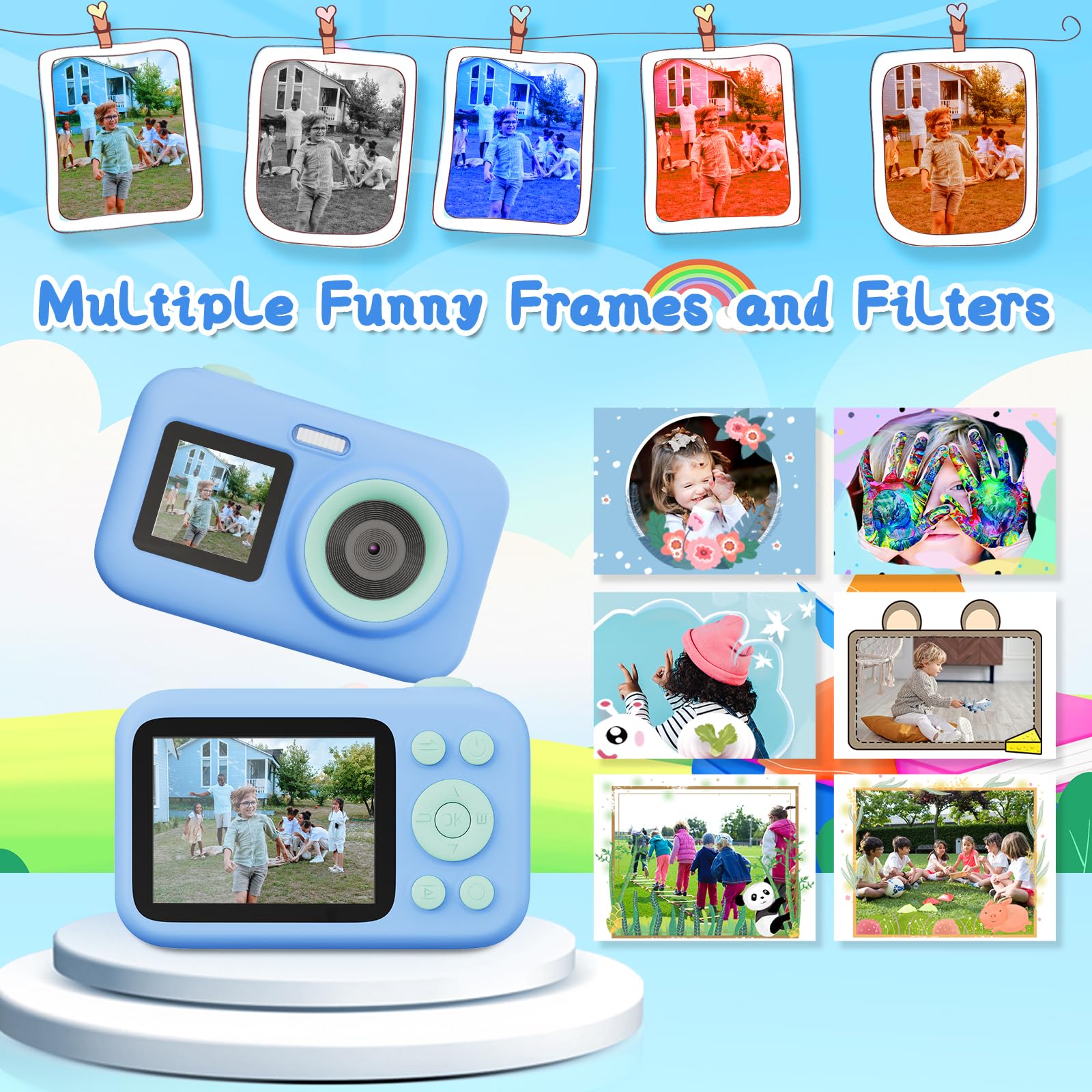 SJCAM macchina fotografica bambini,1080P 2.4'' 1.3'' doppio colore schermo LED Bambini fotocamera digitale Vedio Compleanno Regali di vacanza con 32G Card, adesivo per età 3-10 anni ragazze ragazzi