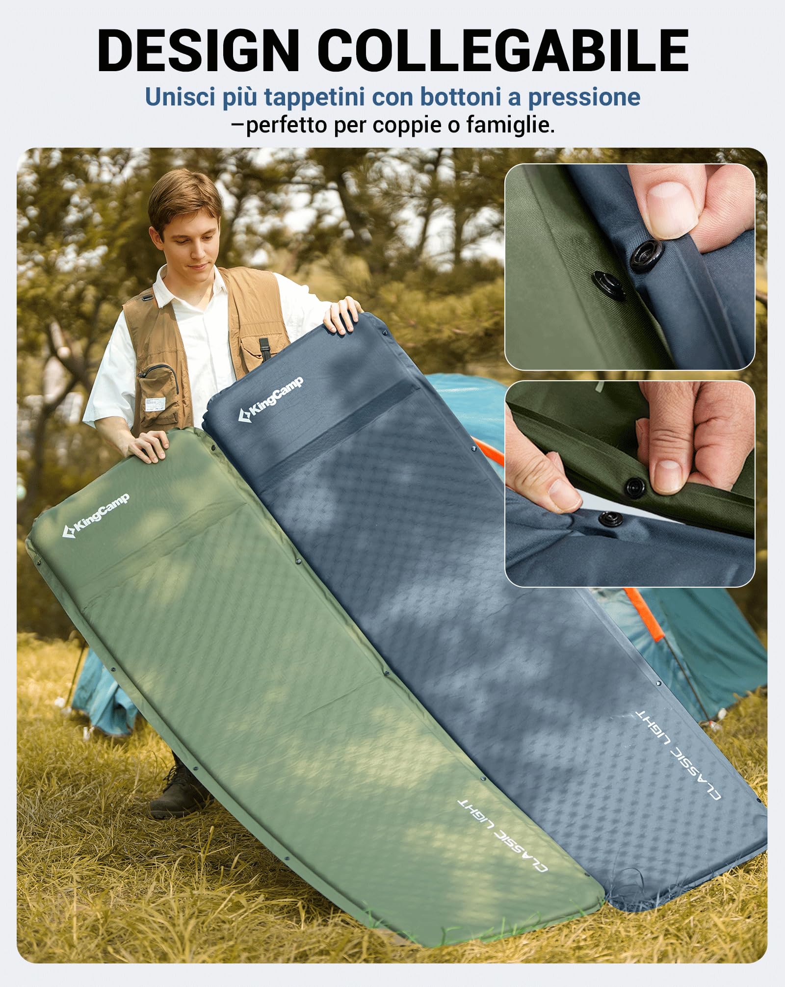 KingCamp Materassino Autogonfiabile Campeggio, Cuscino Integrato, 3cm | Ultraleggero, Compatto, Comodo, Collegabile, Impermeabile, Antistrappo, per Campeggio, Trekking, Viaggi, Tenda