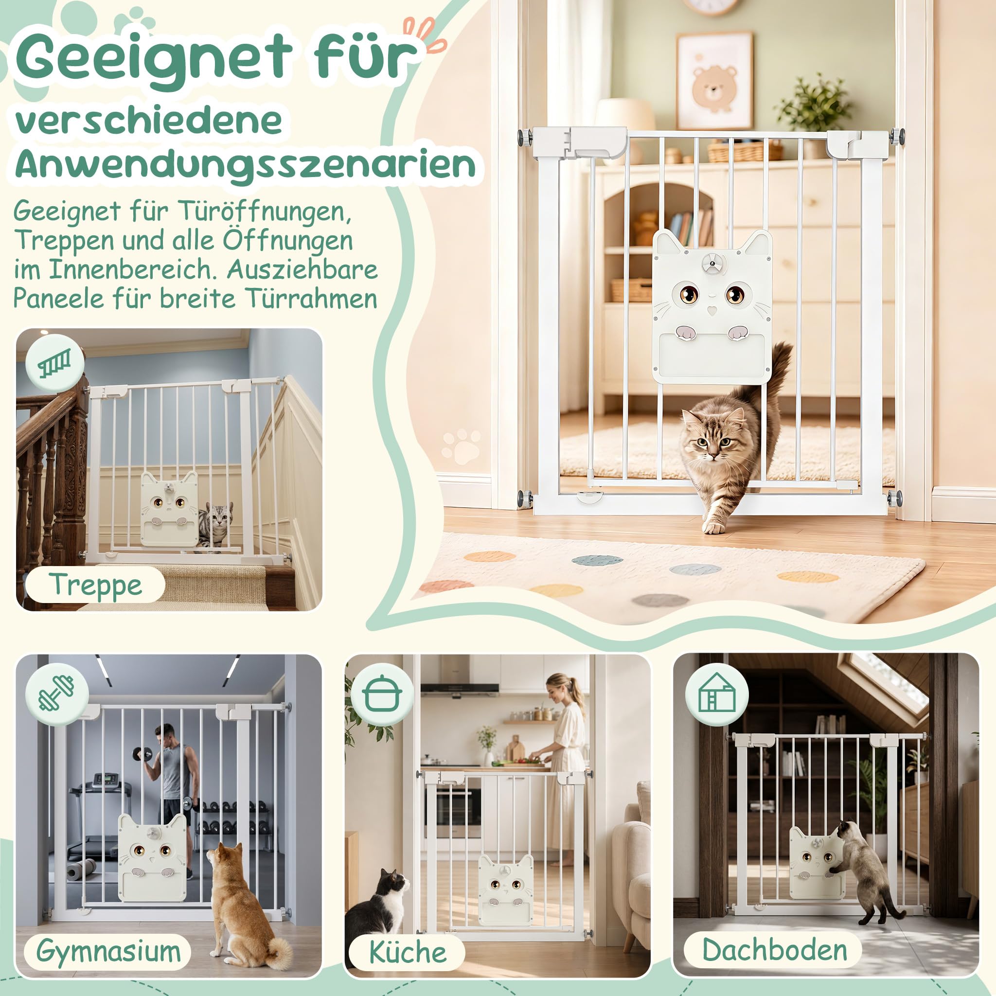 XMTECH Rejilla de protección para puerta con puerta para gatos, sin agujeros, color blanco, 85-95 cm | Cierre automático con parada de 90°, giro de 180°, doble cierre de seguridad, puerta de gato con bloqueo, metal grueso