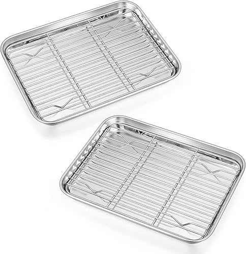 Miniatura 10 de P&P CHEF Sartenes para horno tostador de 10.4 + 9 pulgadas con estantes, 4 piezas de bandeja de horno de acero inoxidable para hornear y estante