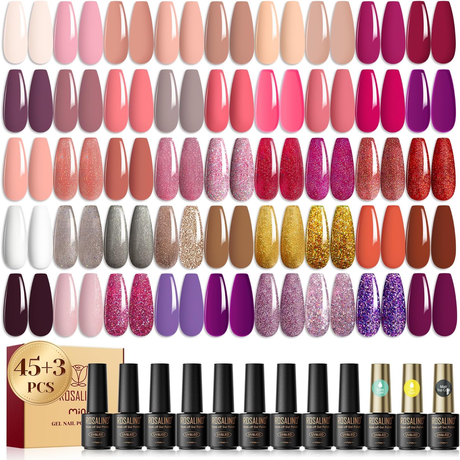ROSALIND 45+3 Pcs Gel Nail Polish Set,Pink Colors gel polish Set with Base Coat and Glossy & Matte Gel Top Coat Gold Glitter Gel Nail Set Nail Art Salon DIY at Home Manicure Set
