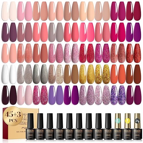 ROSALIND Juego de 45 + 3 esmaltes de uñas de gel, juego de esmaltes de gel de colores rosas con capa base y capa superior de gel brillante y mate,