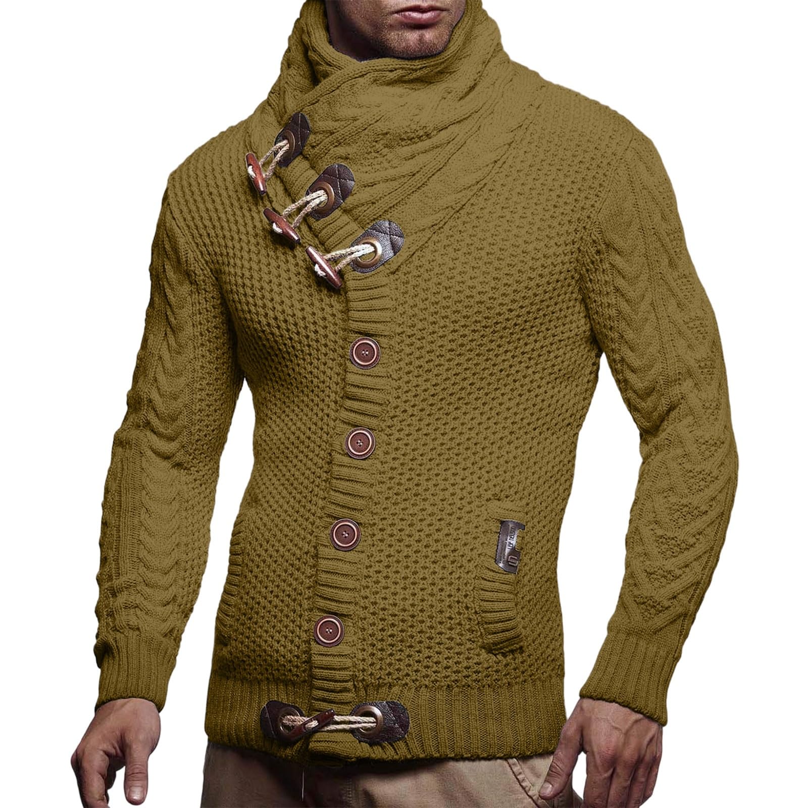 Greabuy Suéter de punto trenzado para hombre, cuello alto, térmico, cálido, con cremallera, casual, a la moda, cuello alto, ropa de invierno