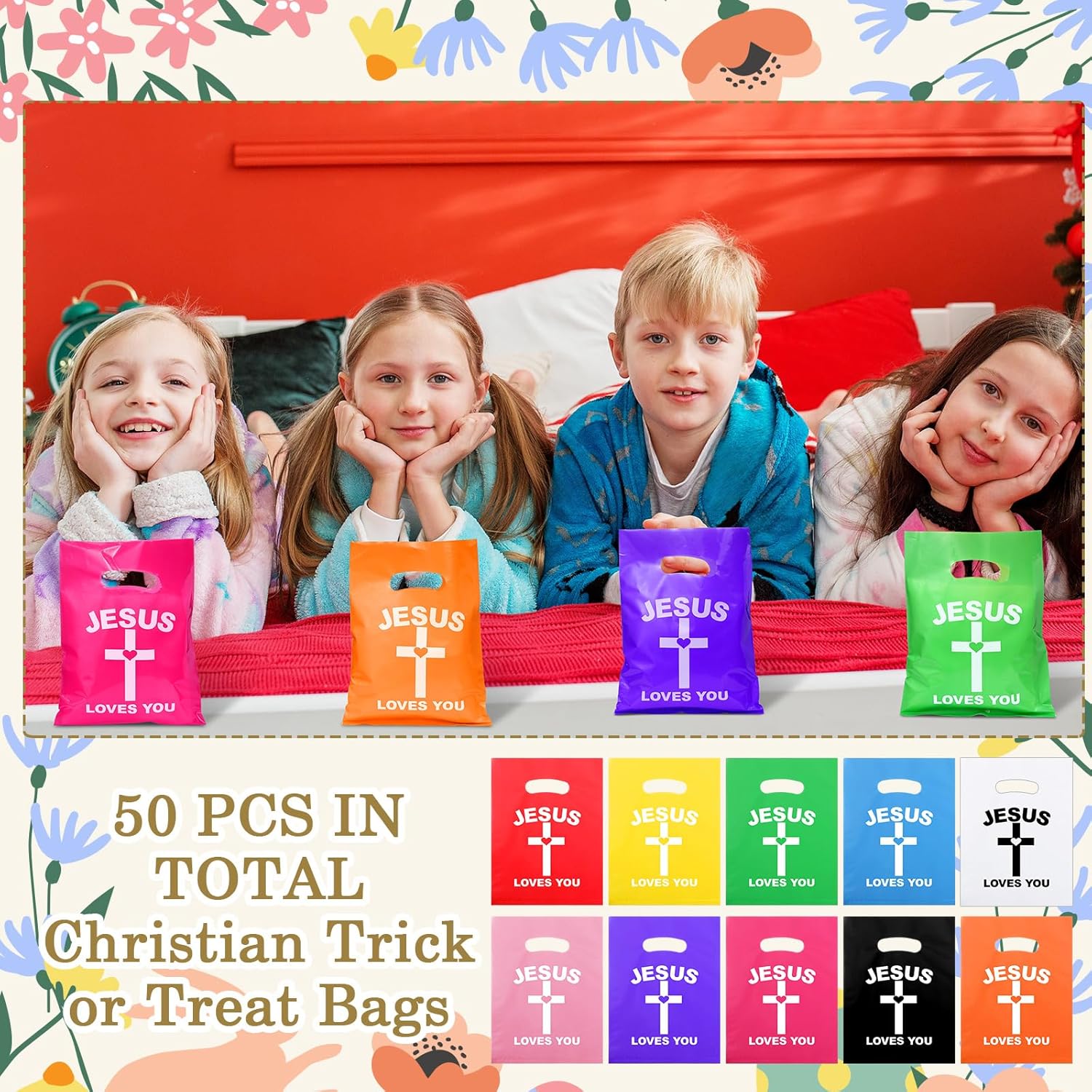 Gilprop 50 Pcs Jesus Loves You Gift Goody Bags Plastic Colorful Religious Christian Church Scripture God Bless Bible Cross Treat Candy Snack Bags for First Communion Easter Vbs Party Favor - Image 5