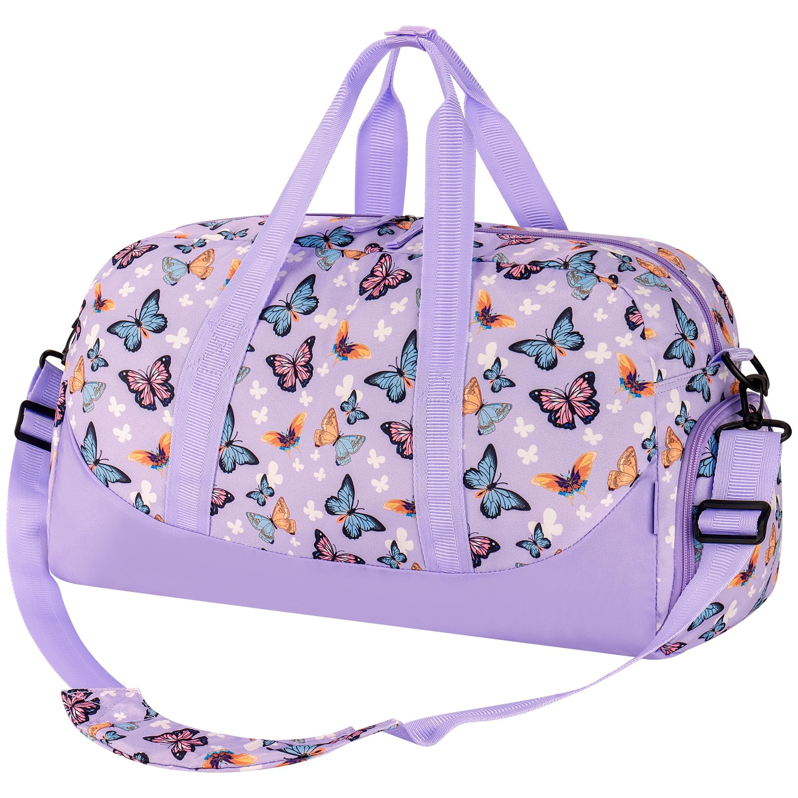 Choco Mocha Duffle Bag Kids Girls - Butterfly Overnight Bags for Kid with Shoes Compartment, Cute Weekender Bag for Sleepover Travel, Violet Purple