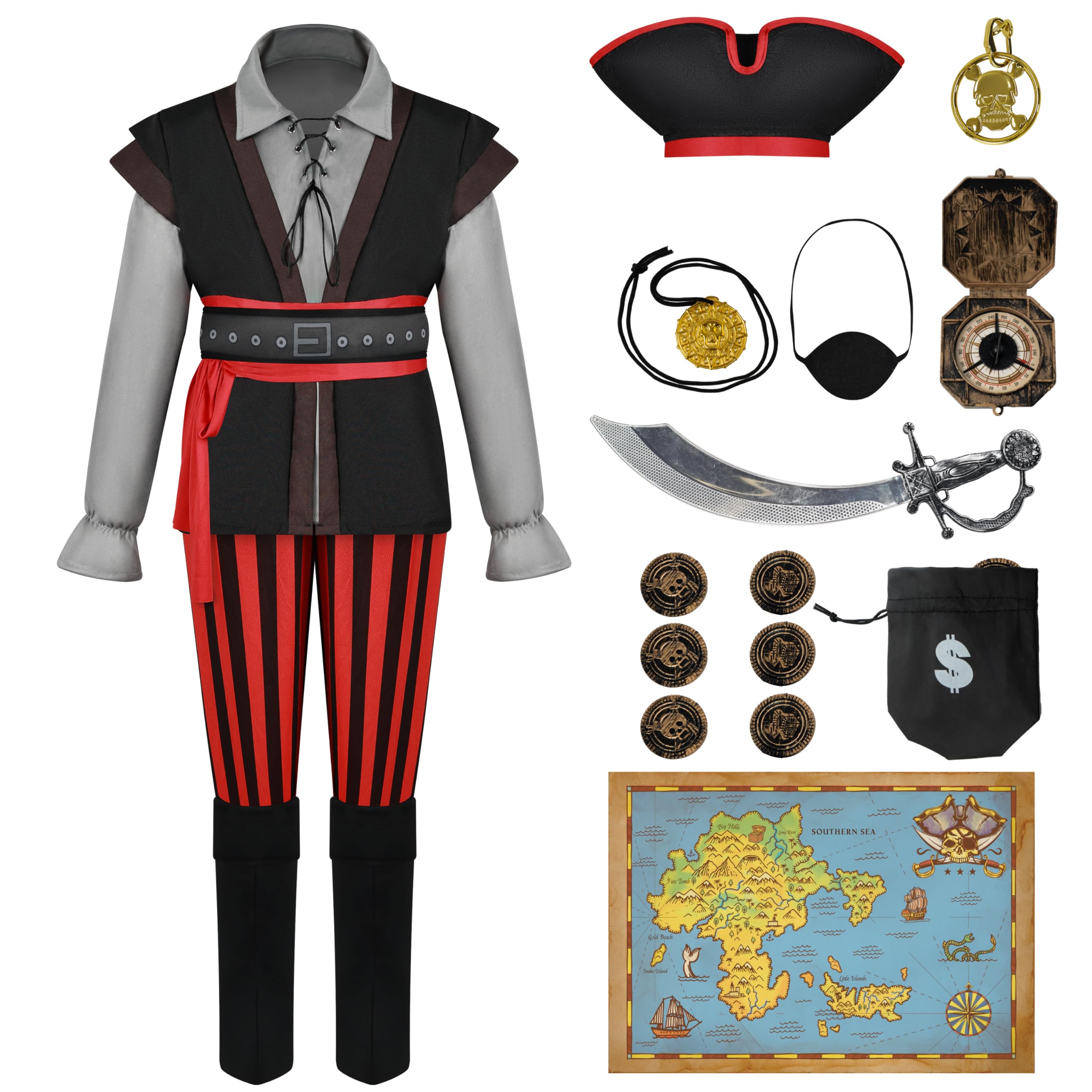 Spooktacular Creations Kostium pirata dla chłopców, kostium pirata dla chłopców, kostium pirata dla dzieci z akcesoriami do piratów do odgrywania ról na Halloween (mały (5-7 lat))