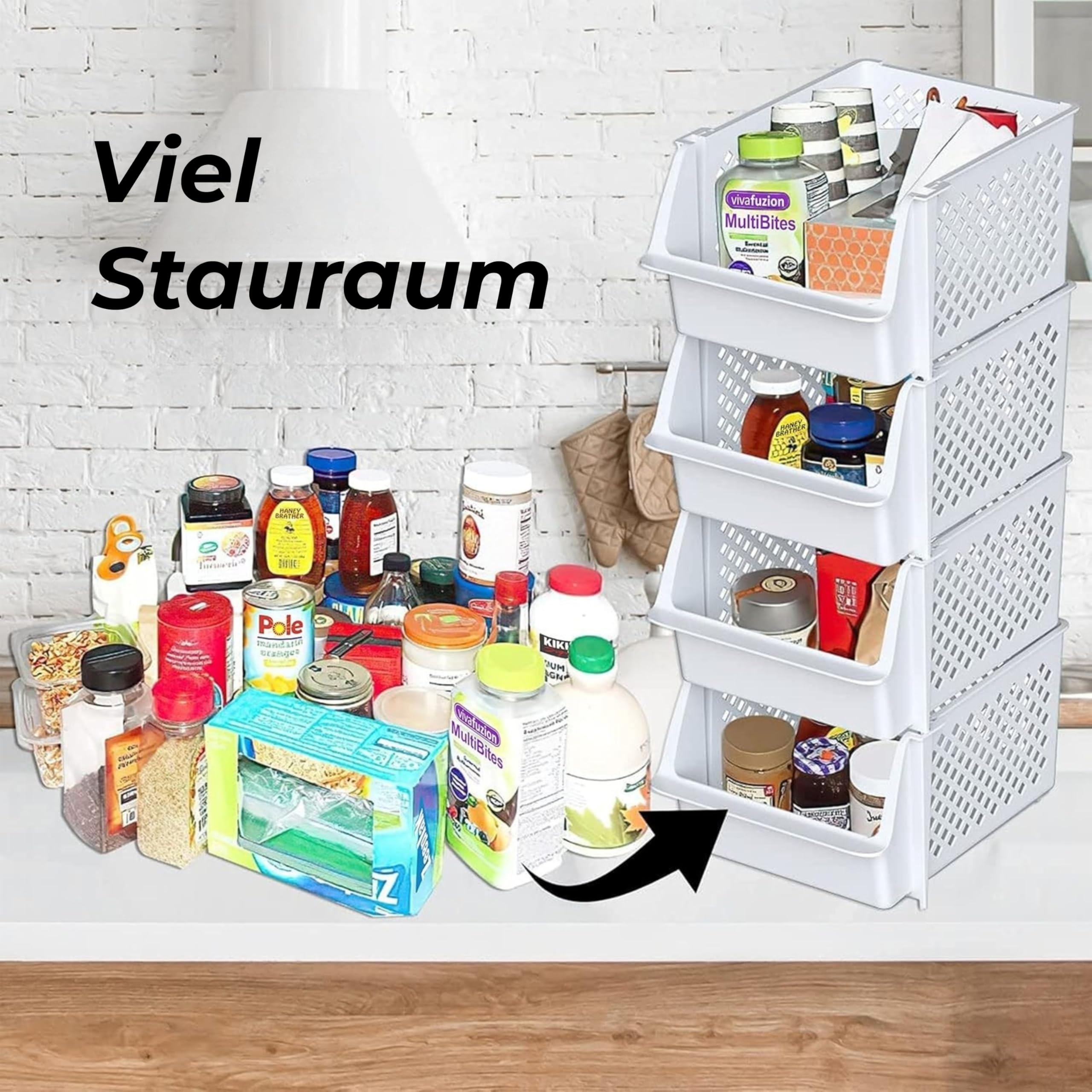 Skywin TidyFriend Stapelbare Aufbewahrungsboxen 4er-Set – Offene Front Organizer für Küche & Vorratskammer – Kunststoff-Körbe für Garage & Spielzeug