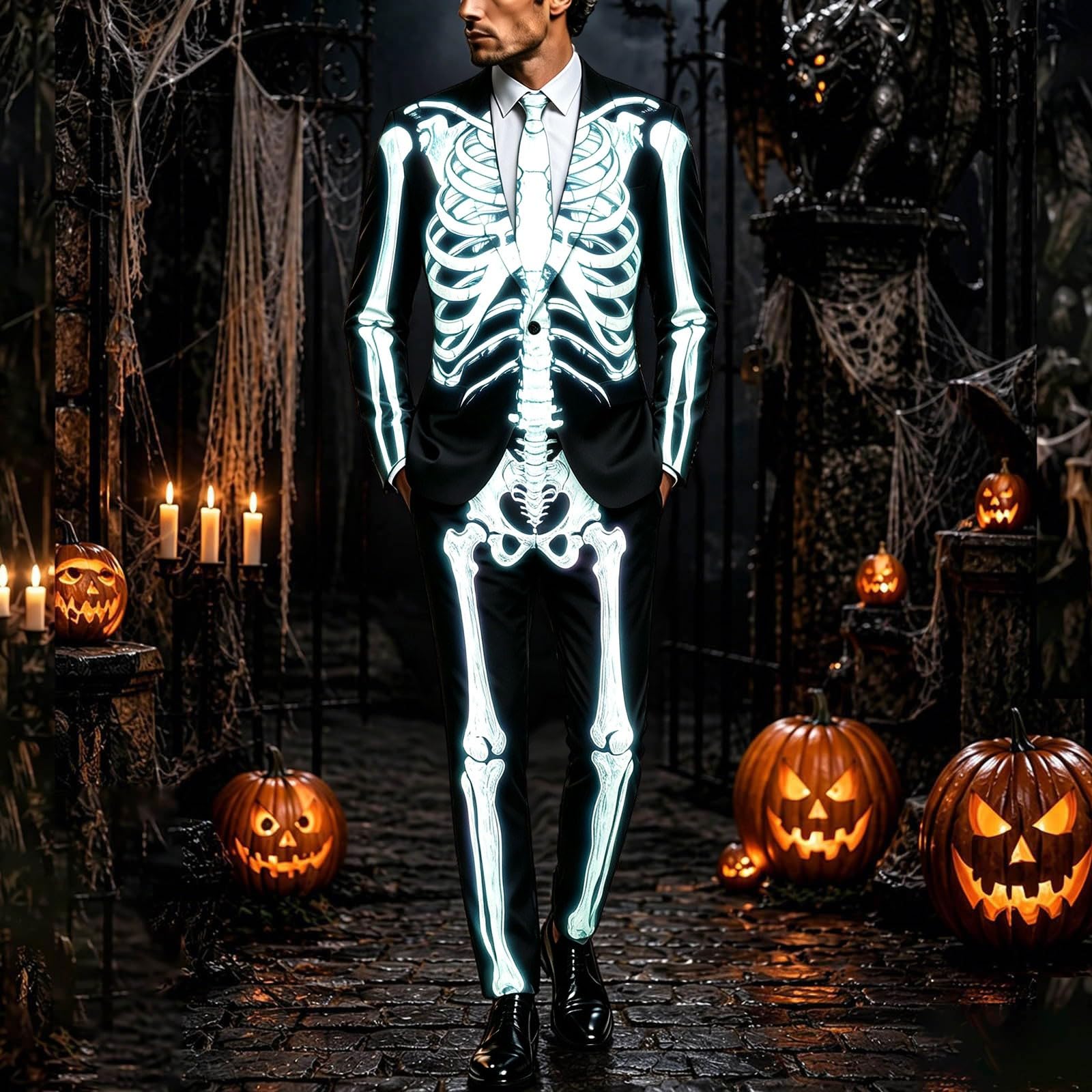 Tuta da uomo con scheletro di Halloween, set da 2 pezzi con | Giacca E Pantaloni Eleganti Costumi Di Halloween Confortevole Activewear Abiti Da Affari Per Elegante Stile Gotico Scuro