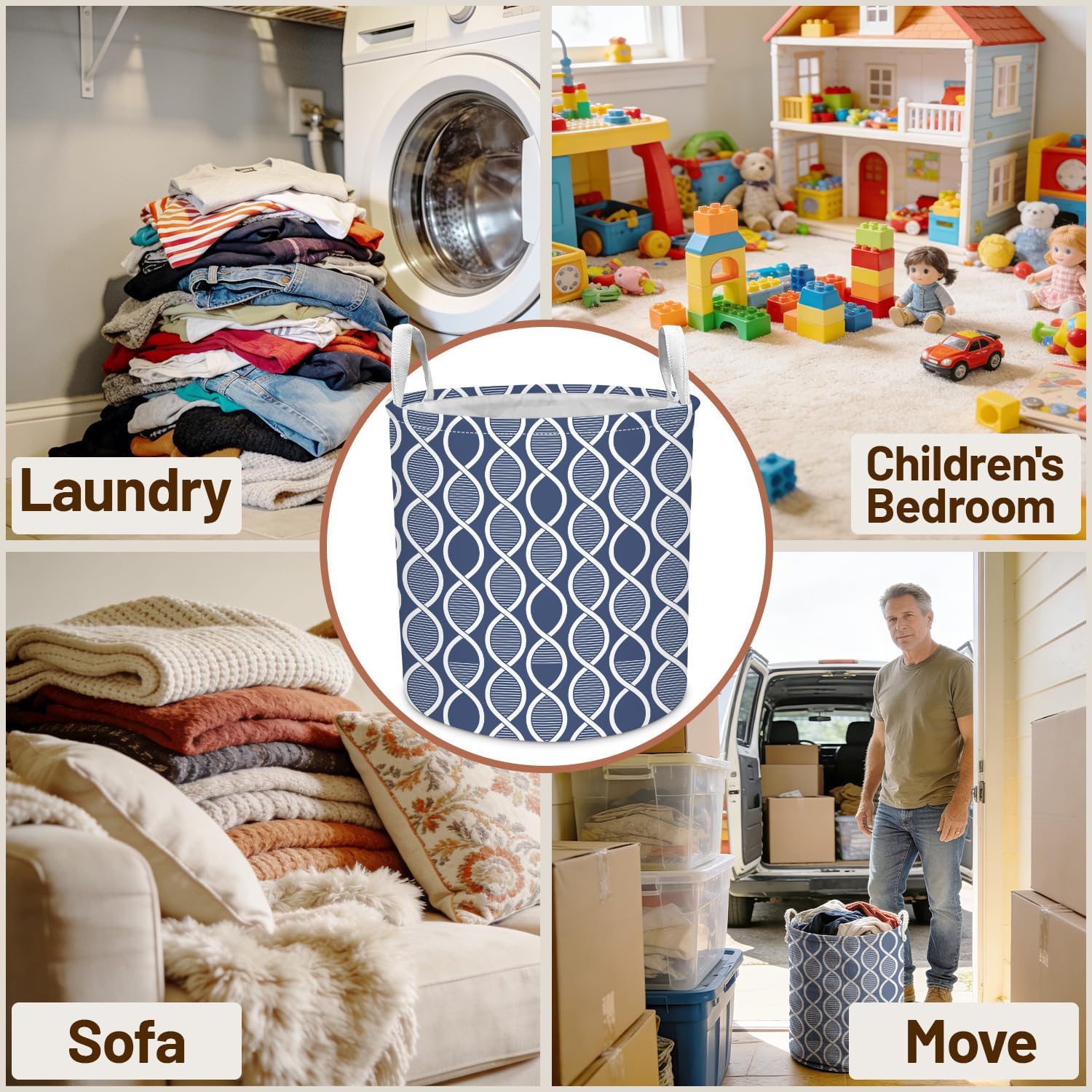 Blue Geometric Lines Laundry Basket Foldable Oxford Cloth Funny Tote Bag Laundry Hamper Clothes Storage Bucket Collapsible Organizer For Bathroom Laundry Bedroom Toy Storage