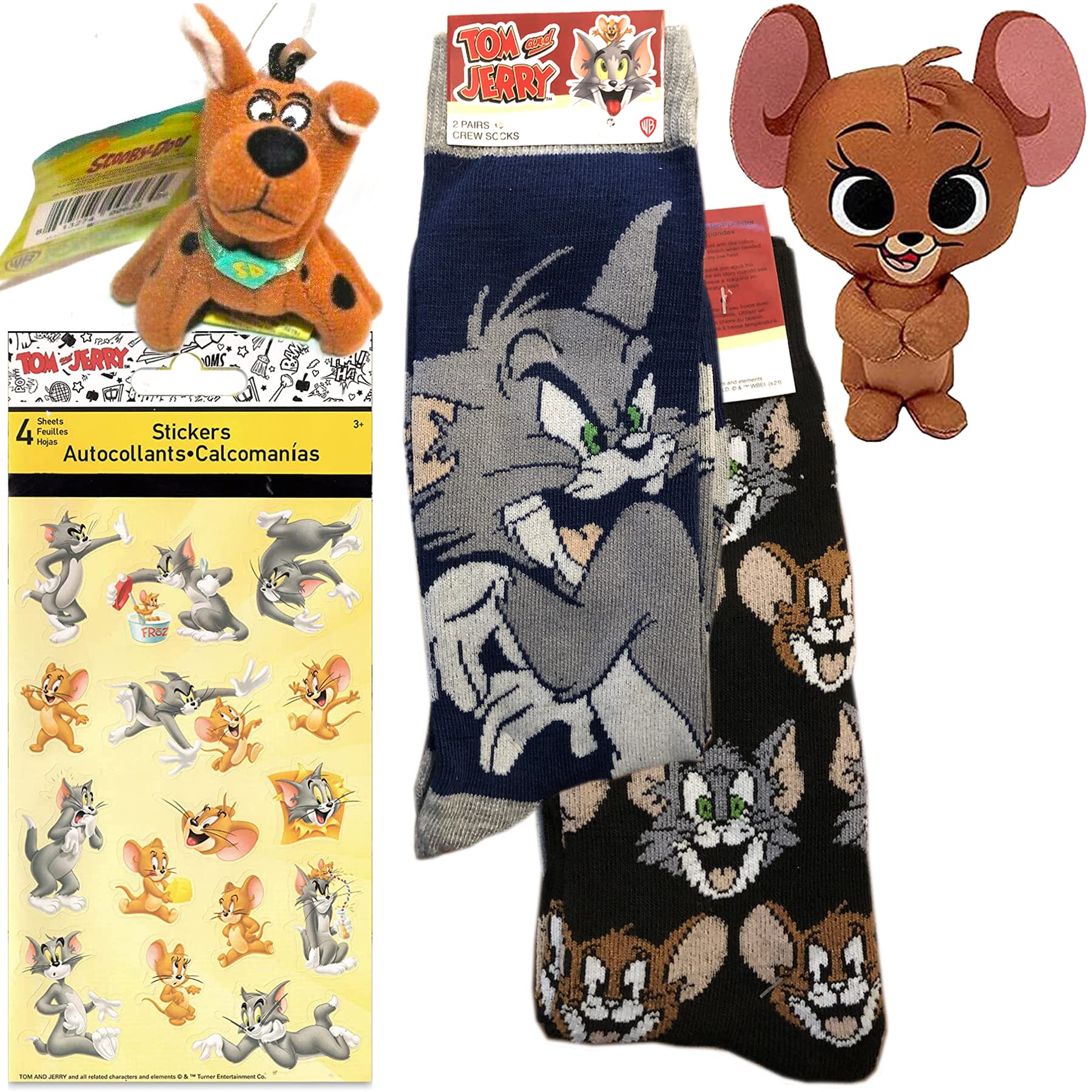 Jerry Morning Cartoon Fun Tom & Jerry Mouse Plush Figure Character Bundled with Hanna-Barbara Scooby-Doo Bag Mini Clip Hanger + Friend & Foe Socks + Activity Stickers 4 Items