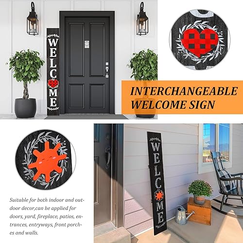 Vista 20 de Letrero de bienvenida intercambiable para porche delantero, 47 x 8 pulgadas, grande, colgante de madera, con 16 iconos reemplazables, vertical
