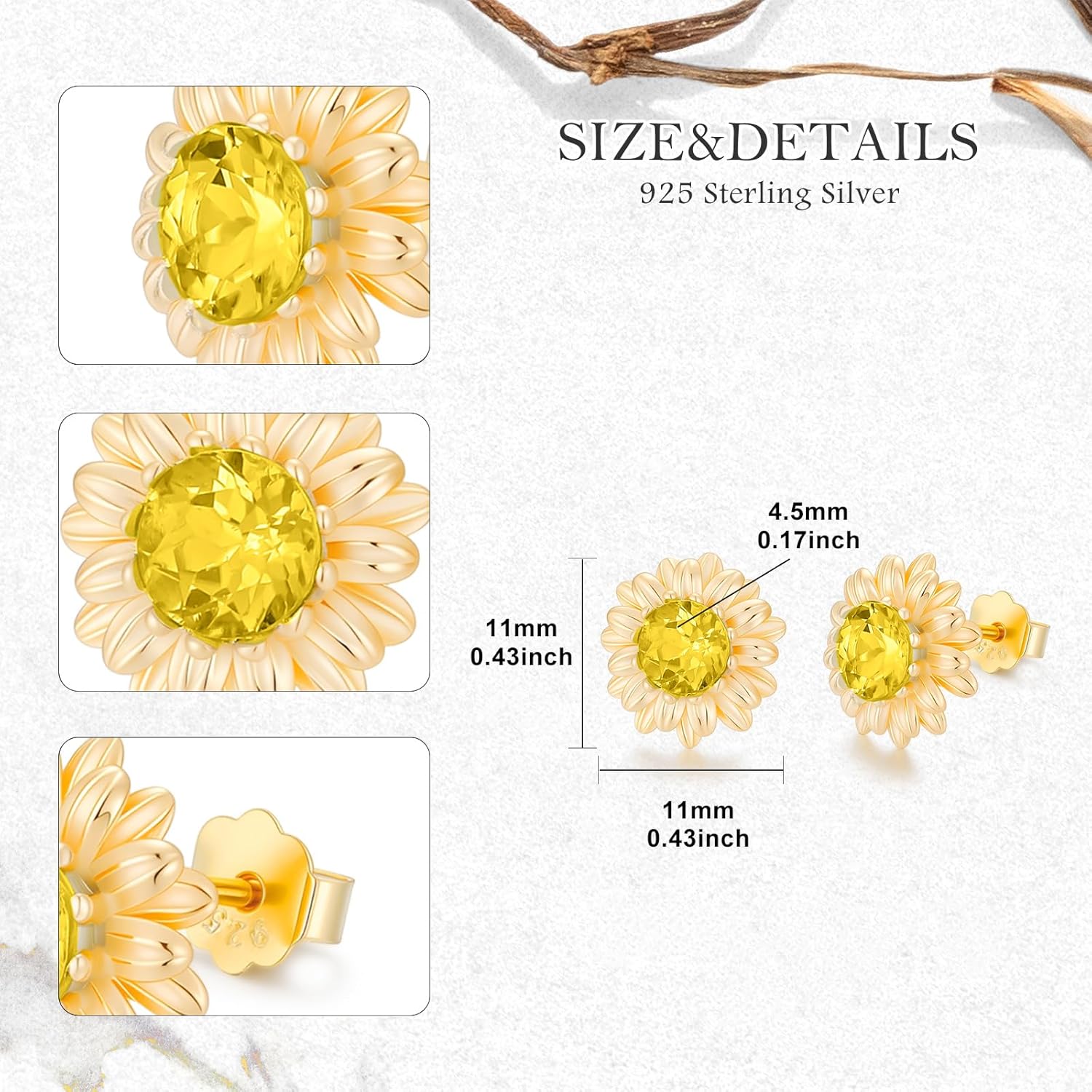 Sunflower Stud Earrings 925 Sterling Silver Natural Gemstone with Sunflower Earrings for Women