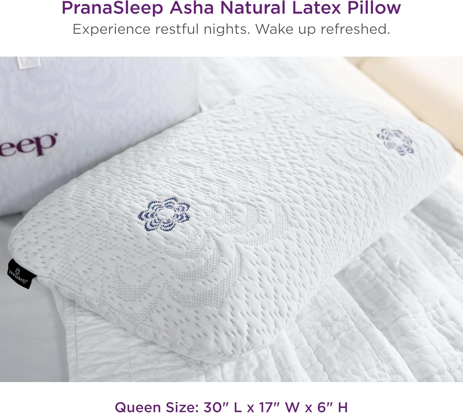 PranaSleep Asha Natural Latex Pillow, Firm Support, Side Sleeper Pillows for Adults, Bedding Essentials for Hot Sleepers, Queen Size, 30" L x 17" W x 6" H