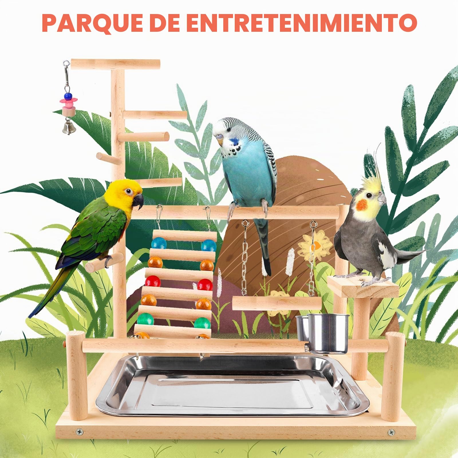 Juguete para pájaros, juguete para loros, juguete para periquitos, parque infantil con copa alimentadora, escalada, columpio y bandeja, asiento para periquitos, cacatúas, 37 x 26 x 44 cm
