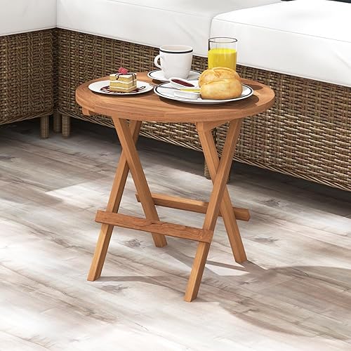 Miniatura 2 de Tangkula Mesa auxiliar plegable para patio, mesa auxiliar redonda de madera de teca con mesa de listones, marco de madera resistente en forma de X,