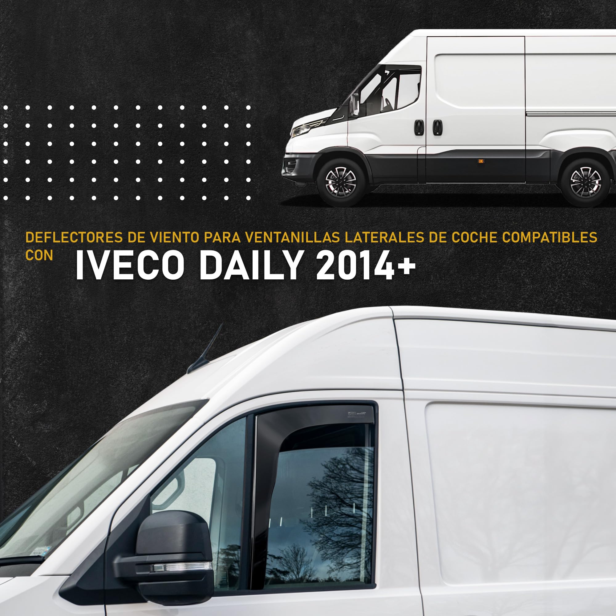 HEKO - Compatible con Iveco Daily 2014+ Deflectores Para Ventanas Laterales; Delanteros; Dos Piezas; Deflectores de Aire Antilluvia, Oscurecidos, Aerodinámicos; Instalación Rápida y Sencilla