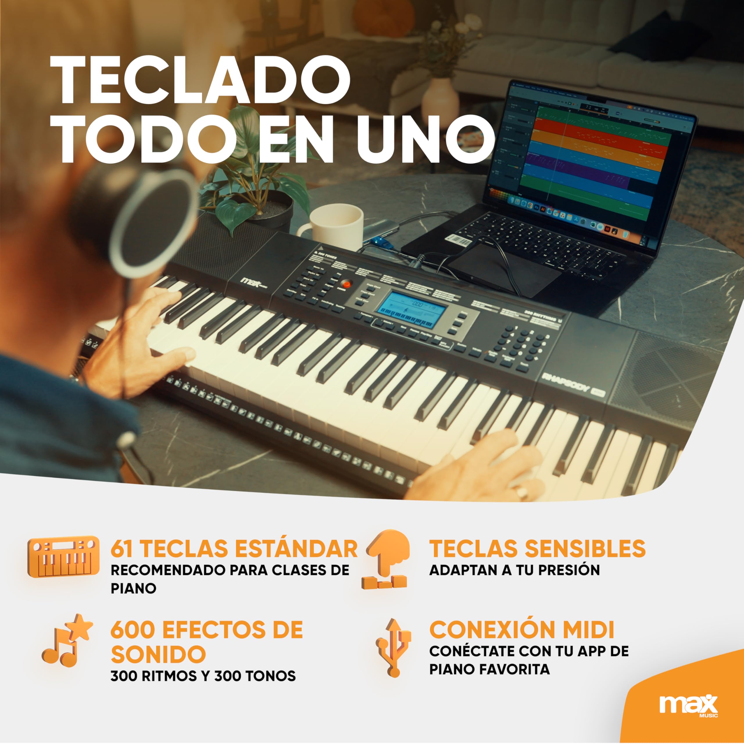 MAX Rhapsody61M Piano digital Midi, 61 teclas, teclado de piano eléctrico sensibles al tacto, 600 sonidos, USB, MP3, pantalla, modos de aprendizaje, entrada auxiliar, incluye auriculares y soporte