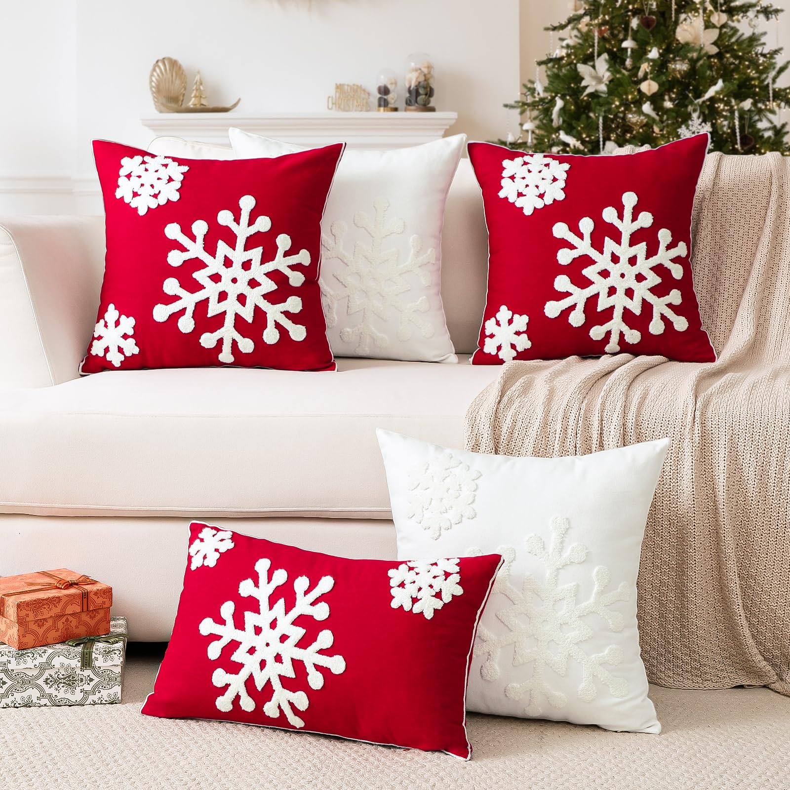 OTOSTAR Confezione da 2 federe decorative natalizie con fiocco di neve, 40,6 x 61 cm, morbide, decorative, per divano, camera da letto, auto (bianco crema)