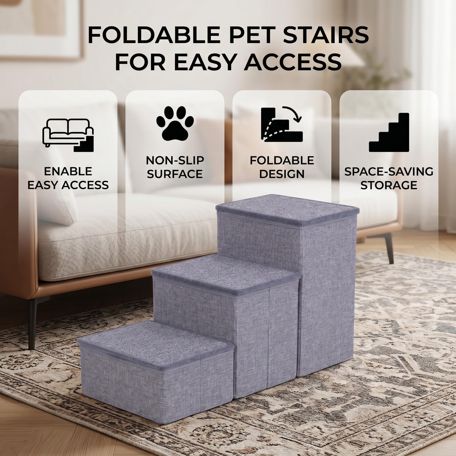 Scale per Cani 3 Gradini Pieghevoli Antiscivolo Grigio per Cani | Scaletta per Animali Domestici, Tessuto in Poliestere, Telaio Solido, Superficie Antiscivolo, Accesso a Letto e Divano, per