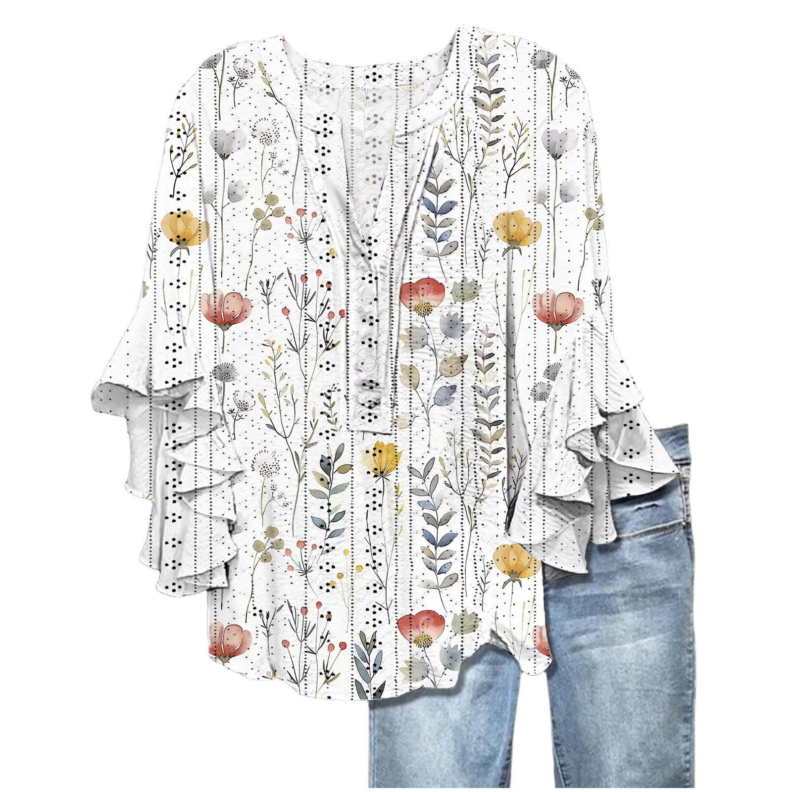 Women's Eyelet Tops V-Neck Ruffle 3/4 Sleeve Blouse Casual Loose Button Up Henley Shirts Boho Flowy Beach Clothes — view 14