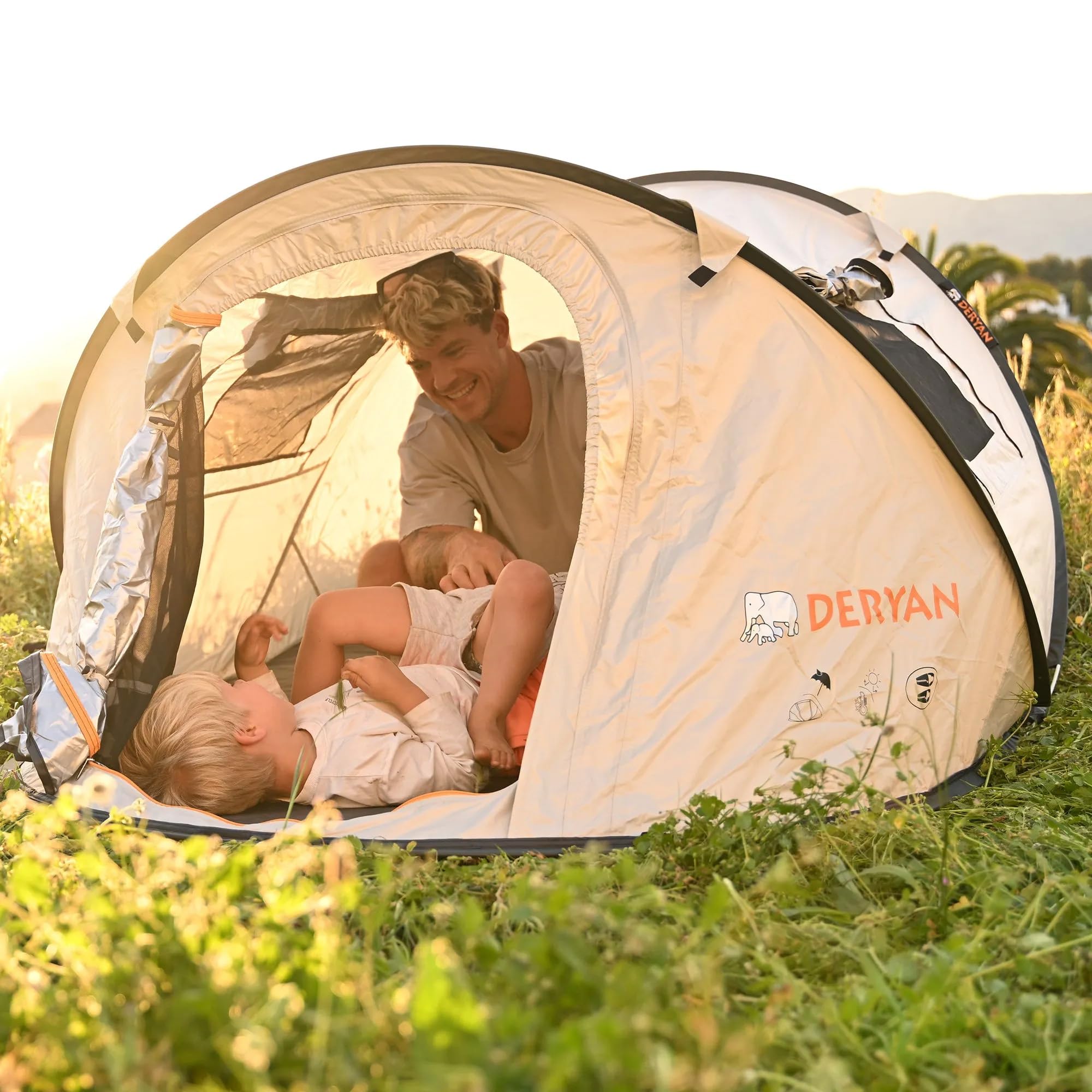Deryan Tente de Voyage Luxe Dome Tente Pop-Up Tente 2 Personnes Montage en 2 Secondes Anti UV 50+ Imperméable Camping Plage Jardin Crème