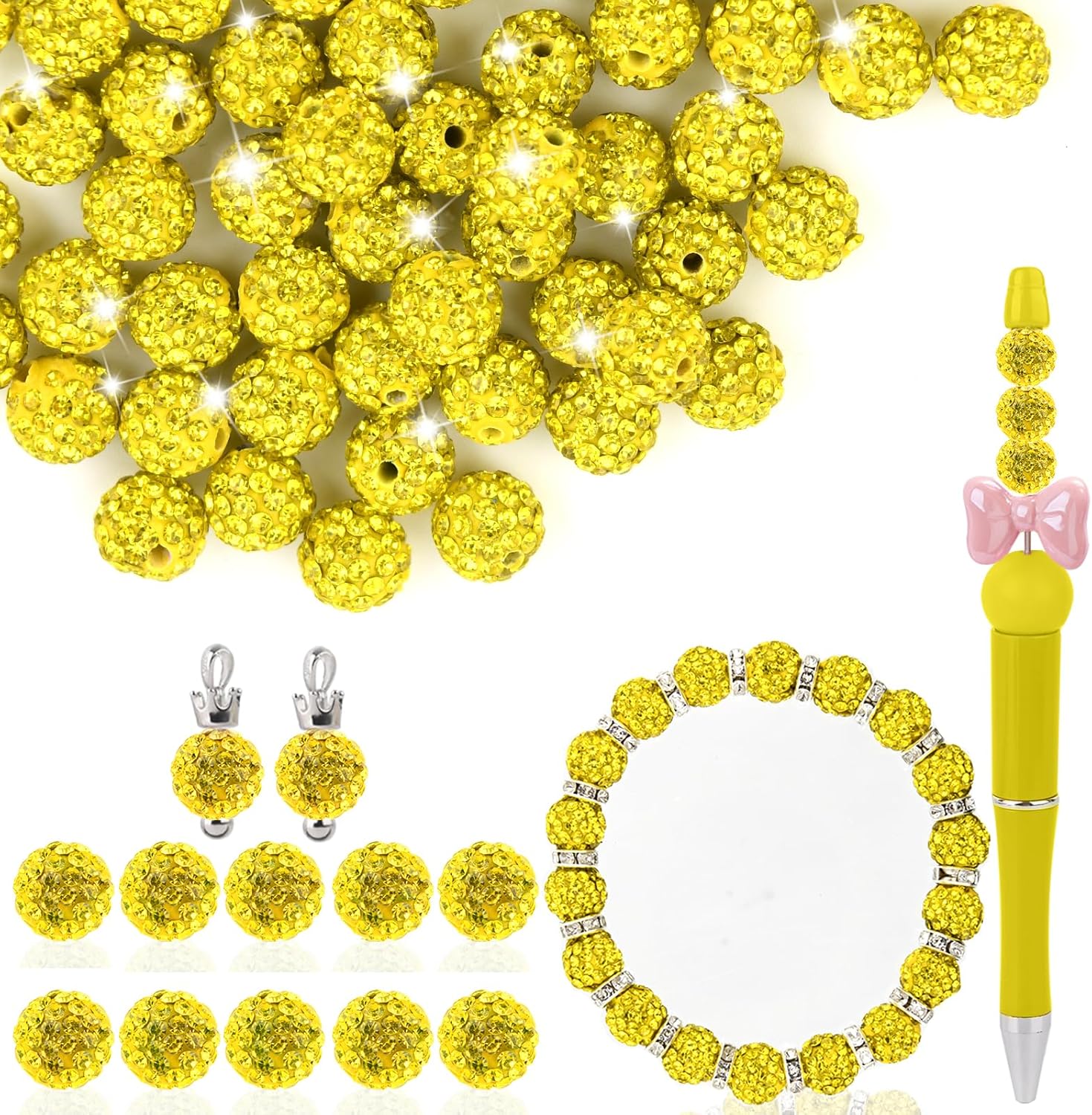 Clay Rhinestone Beads for Crafting, 10MM Lemon Yeallow Round Shamballa Disco Ball Beads for Pens Making, Sparkle Crystal Clay Bead for Jewelry Necklace Bracelet Earring Making 50Pcs