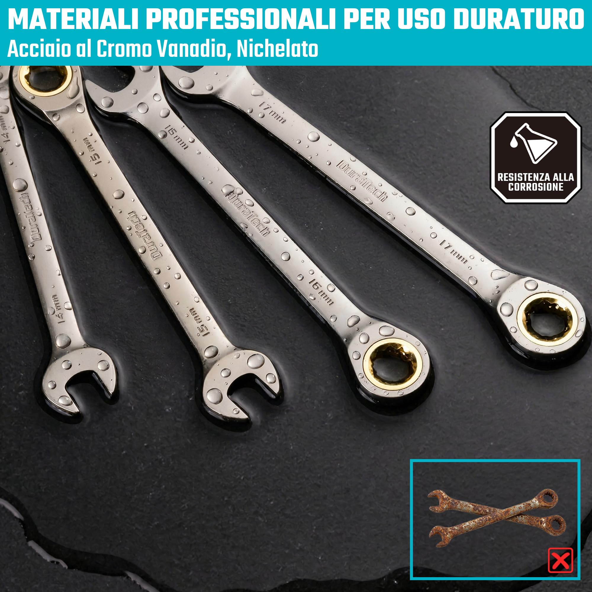DURATECH Set di 10 chiavi combinate a cricchetto antiscivolo, metriche 6-18 mm, 72 denti, nichelate, in acciaio CR-V, con custodia