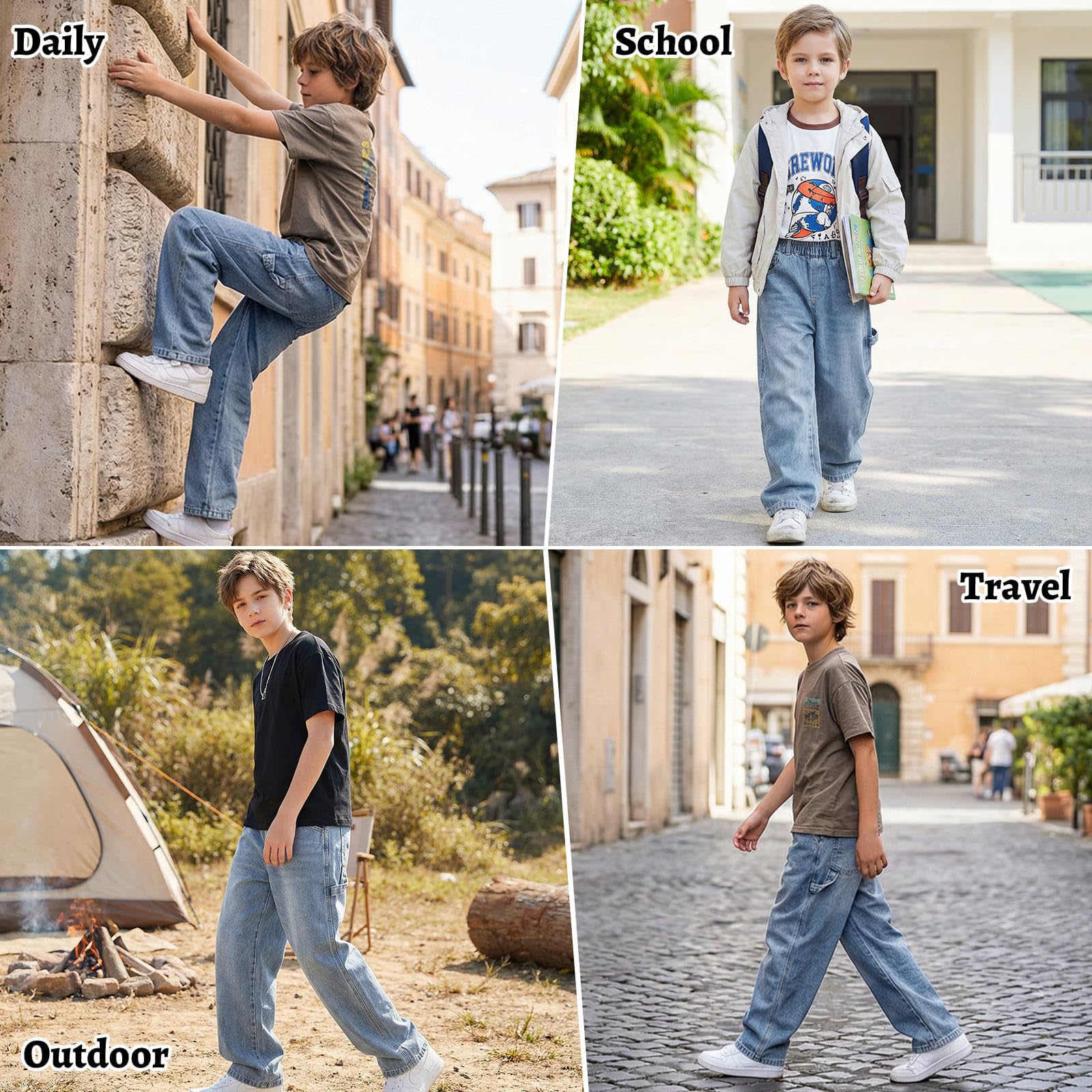 Vaqueros Baggy Jeans para Niños, Holgados Denim Pantalones con Cintura Elástica y Multi-Bolsillos Niño Largos Stretch Denim Jeans Vintage Streetwear Pants para 7-15 Años