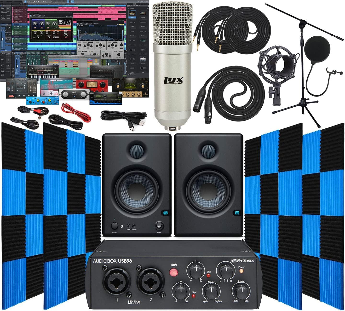 Presonus AudioBox 96 USB 2.0 Audio Interface with Eris E3.5 BT Pair Studio Bluetooth Monitors 24 Pack Acoustic Soundproof Studio Foam Wedges Sound Insulation Panels