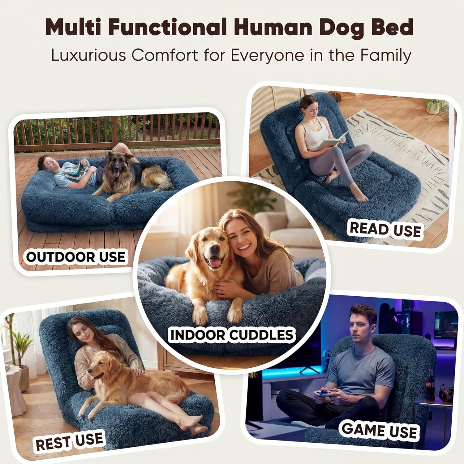Flamaker Human Dog Bed Adjustable, Foldable Human Dog Bed for Adult & Pets with Egg Orthopedic Foam, Adjustable Upholstered Big Bean Bed with 2 Soft Cushions for Living Room, Bedroom (Dark Blue)