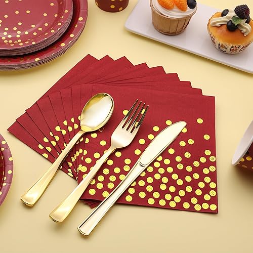 Miniatura 4 de 175 piezas de suministros de fiesta de color burdeos y oro, juegos de platos y servilletas de color burdeos para 25 invitados, platos de papel