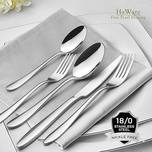 Miniatura 7 de HaWare Juego de cubiertos de 60 piezas para 12, cubiertos de acero inoxidable para el hogar, modernos y ergonómicos para comer, pulido con espejo,
