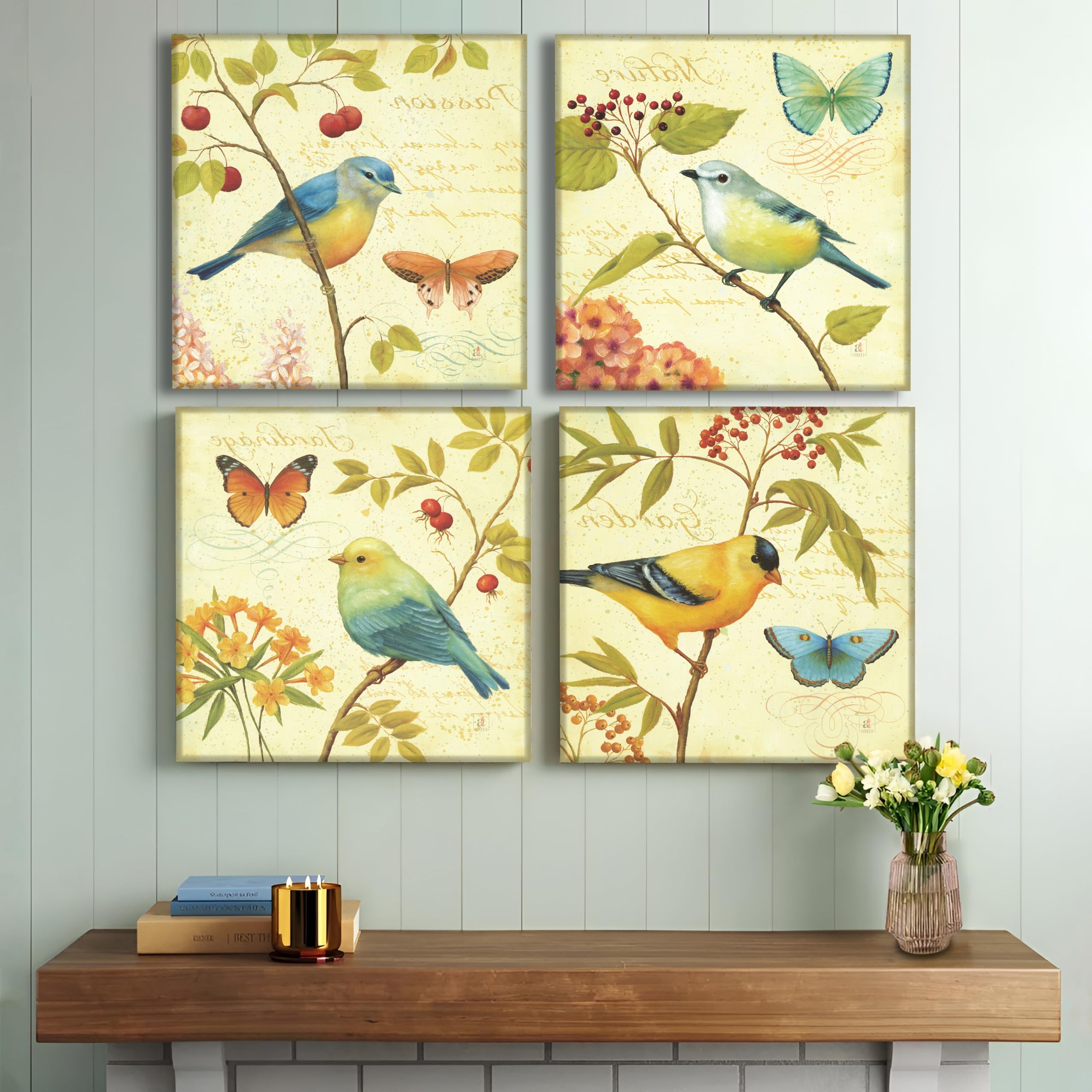 Painting Mantra Multicolor Bird and Butterfly Wall Art Painting Set of 4 | Painting on Canvas Stretched on Wood for Home Decoration | Ideal for Living Room, Bedroom, Hotel (12x12Inches)
