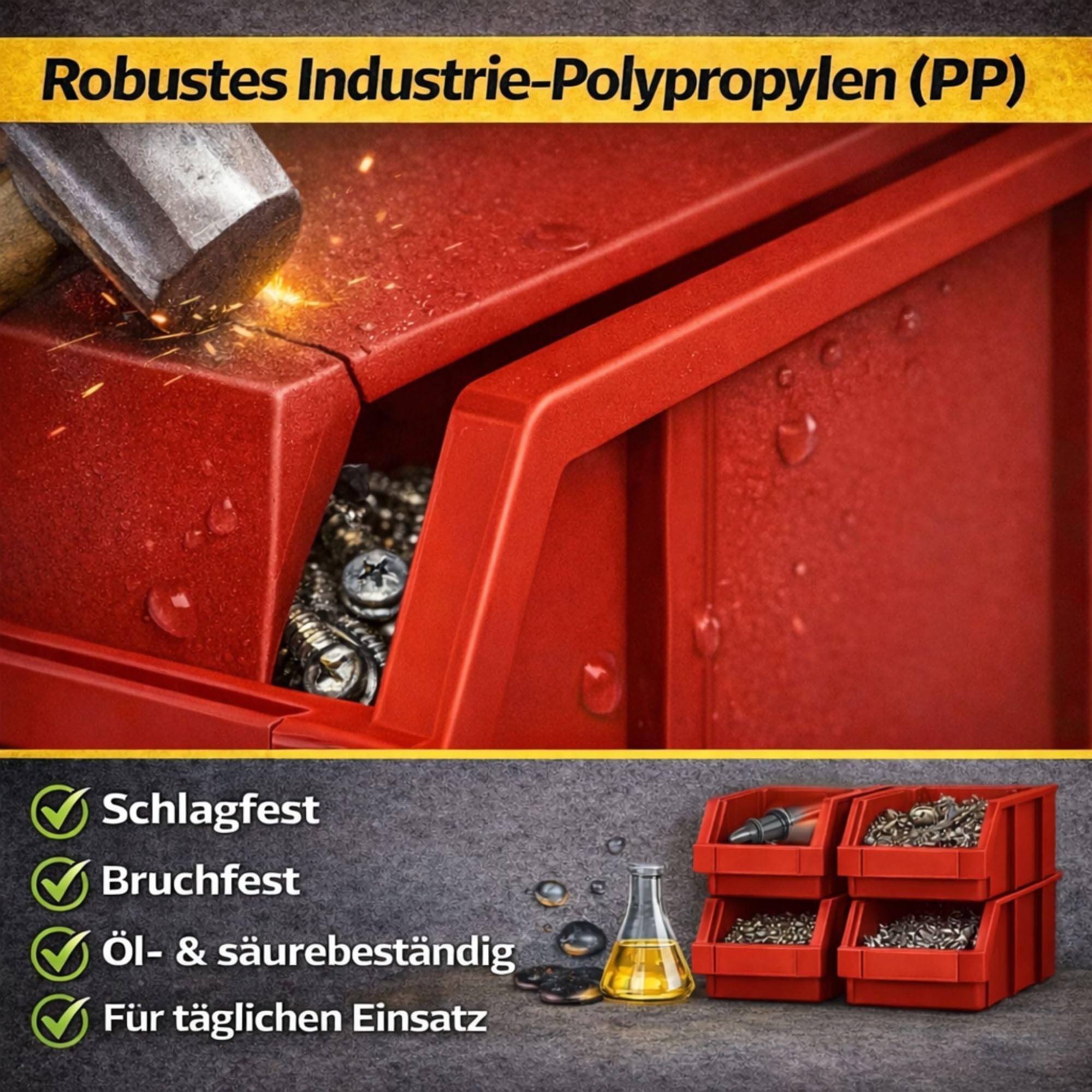 RODOPI 36er Set Stapelboxen, Größe S | Sichtlagerkästen 161x105x75mm | Robuste Lagerboxen für Werkstatt, Garage, Keller | Aufbewahrungsboxen für Kleinteile Rot